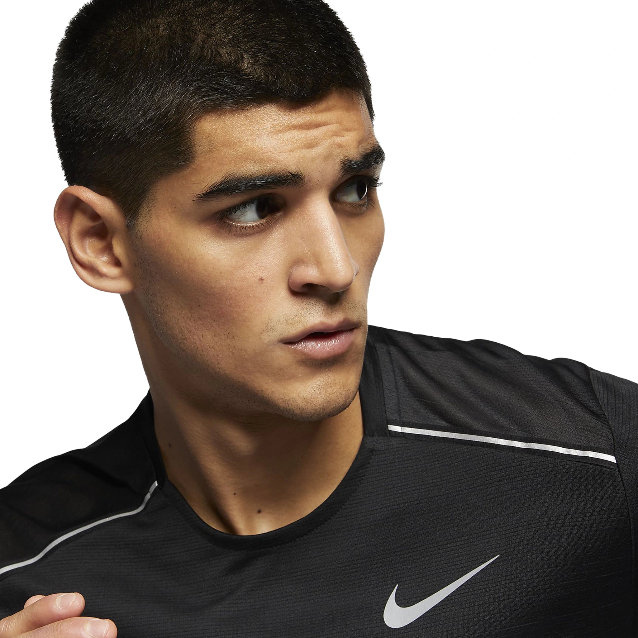 Model chest view of Nike Dri-FIT Black Miler Running T Shirt AJ7566-010