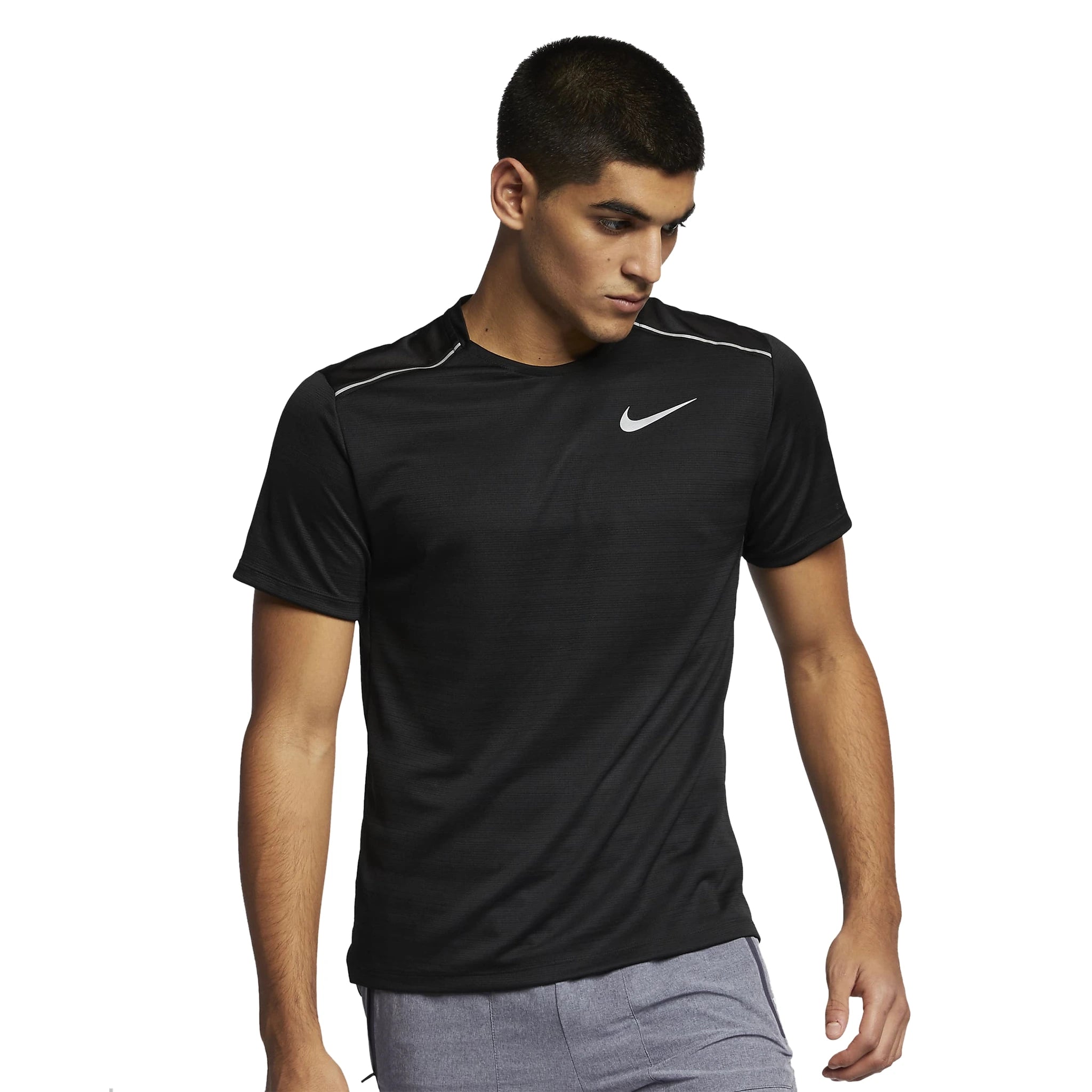 Model front view of Nike Dri-FIT Black Miler Running T Shirt AJ7566-010