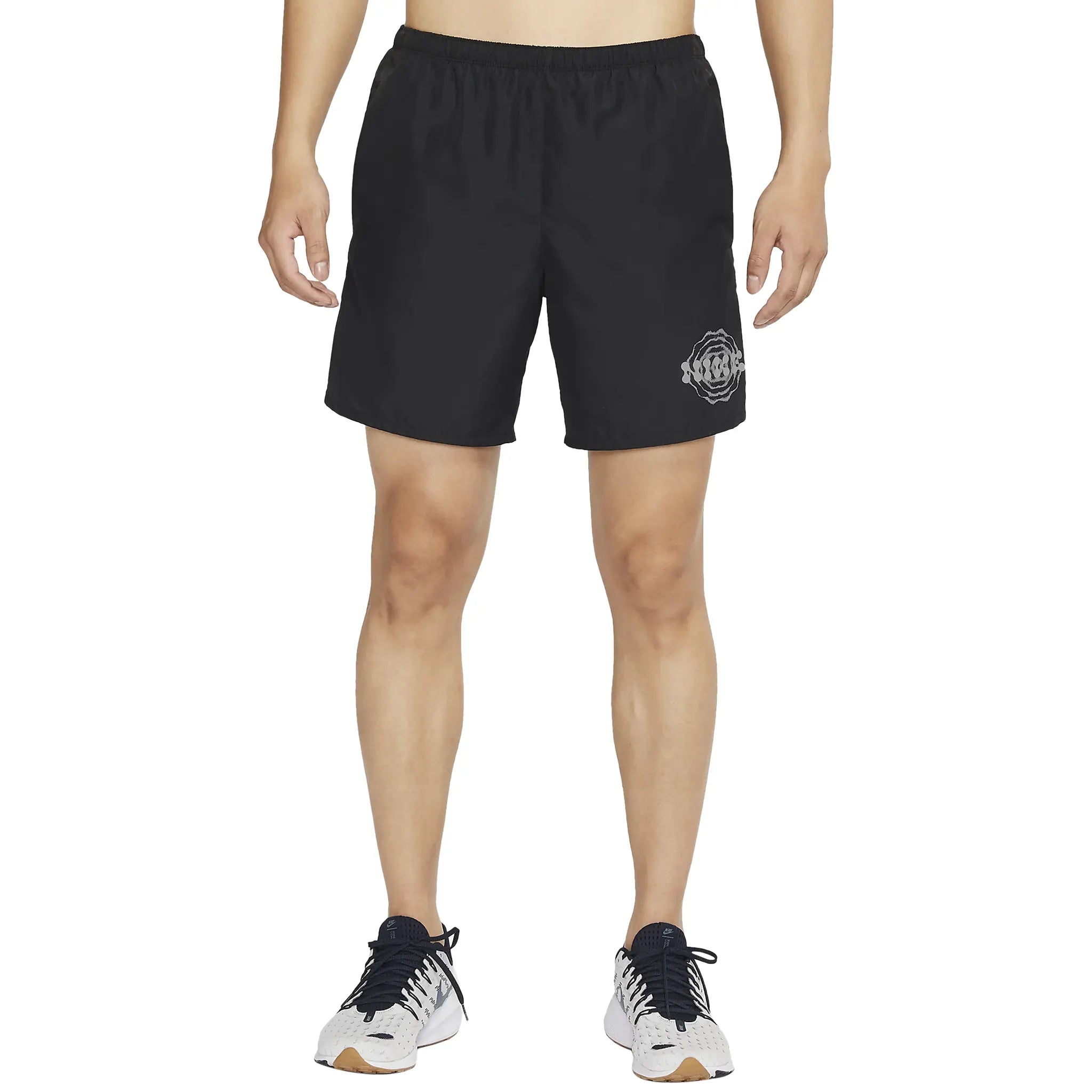 Model Front view of Nike Dri-Fit Wild Run Challenger DNA 7-Inch Black Running Shorts DM4820-010