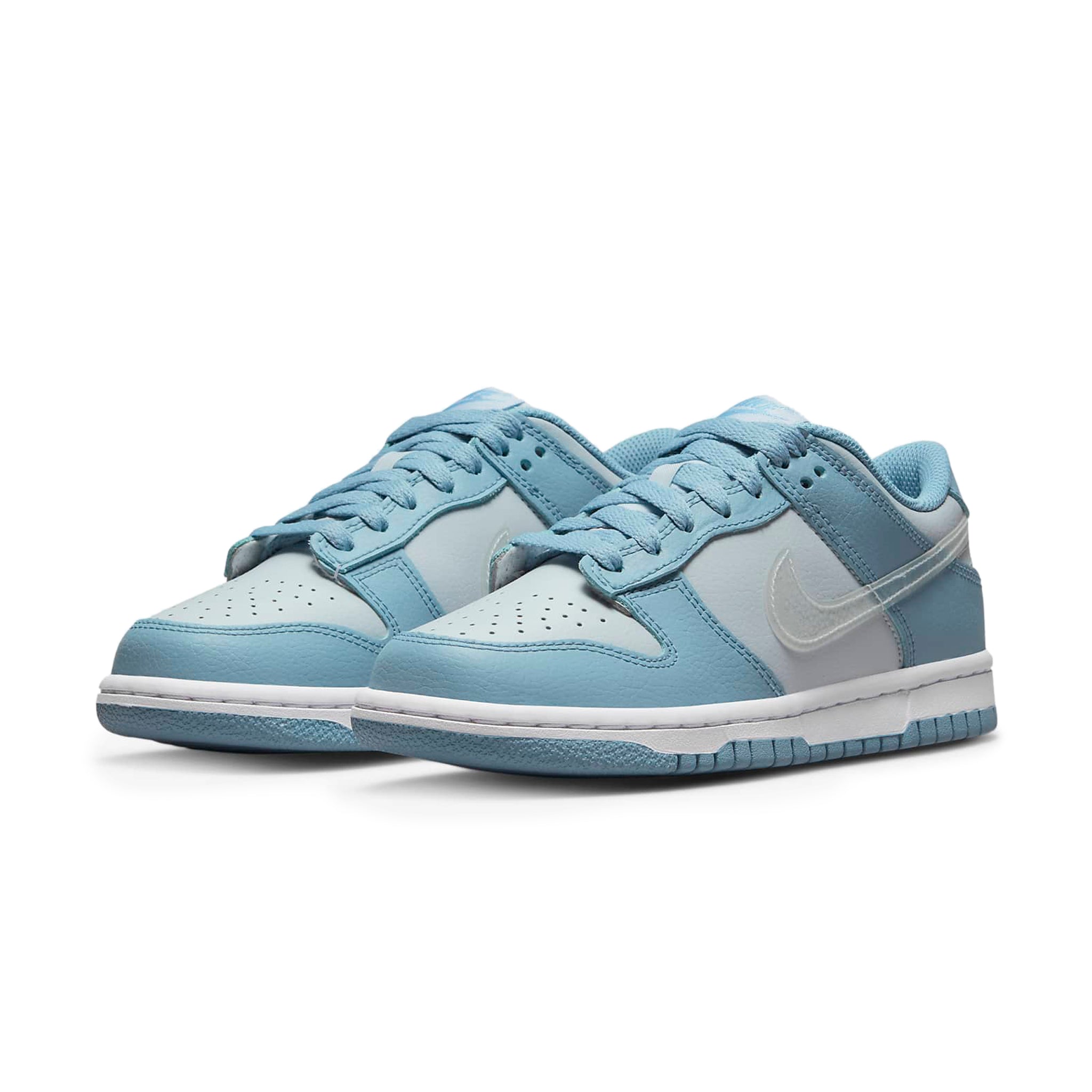 Front side view of Nike Dunk Low Aura Clear Blue Swoosh (GS) DH9765-401