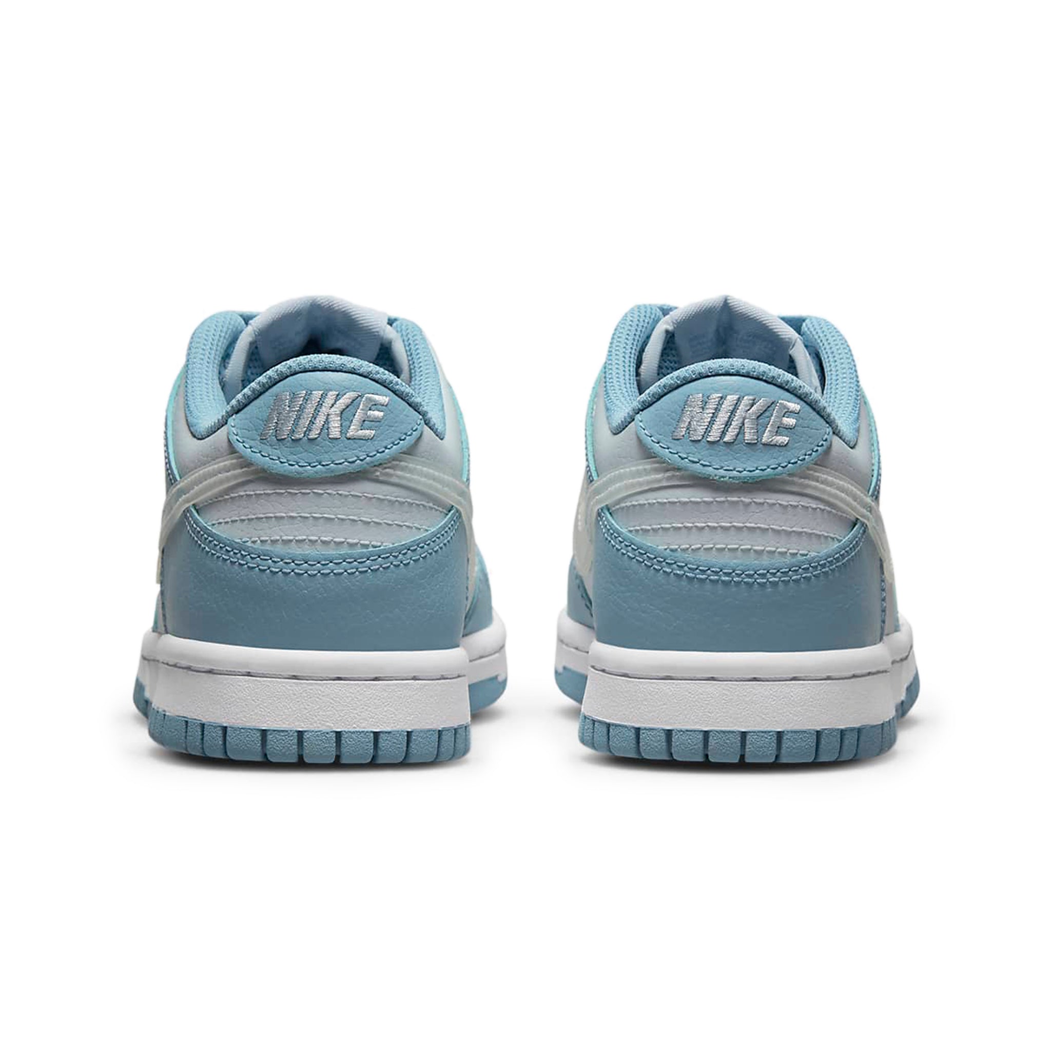 Heel view of Nike Dunk Low Aura Clear Blue Swoosh (GS) DH9765-401