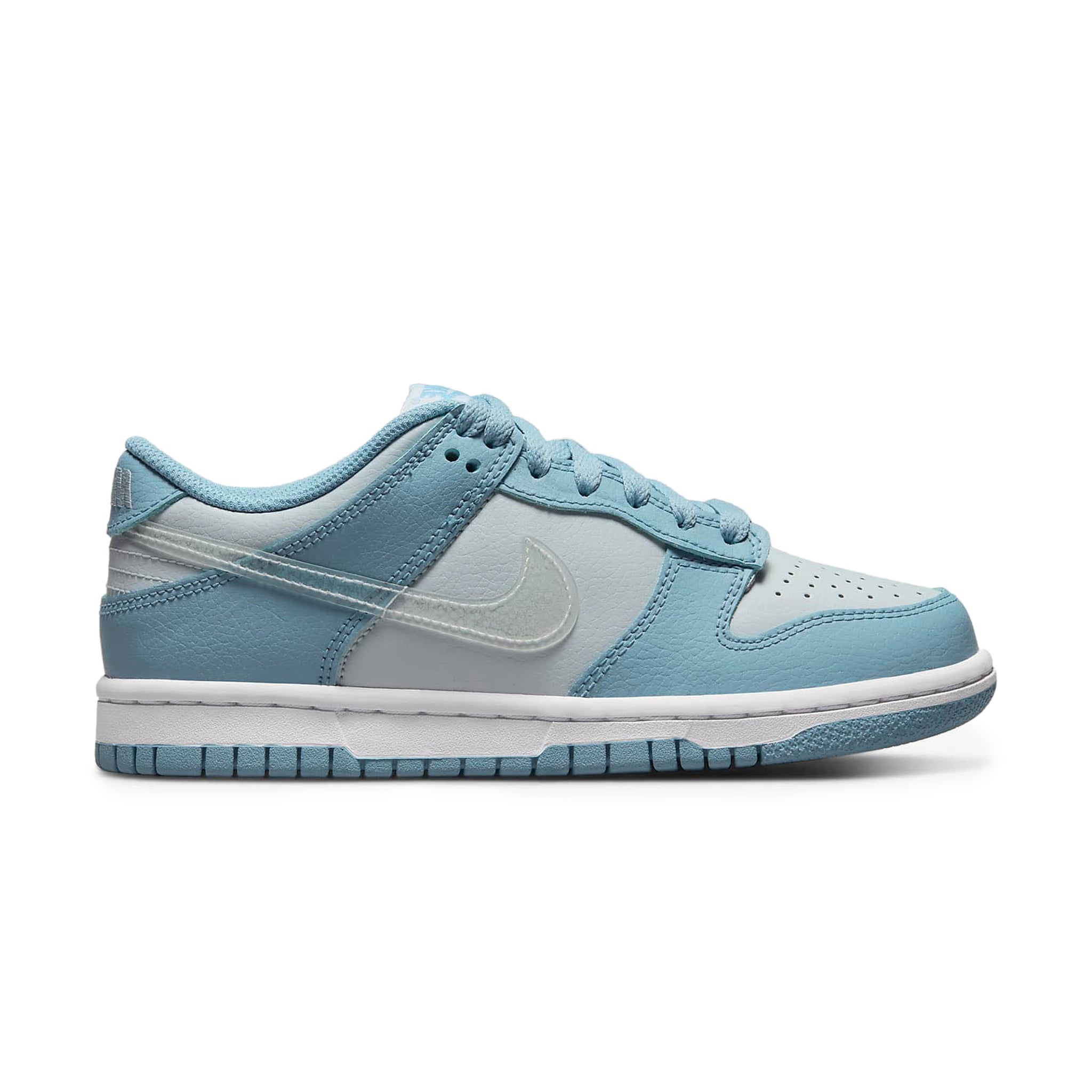 Side view of Nike Dunk Low Aura Clear Blue Swoosh (GS) DH9765-401