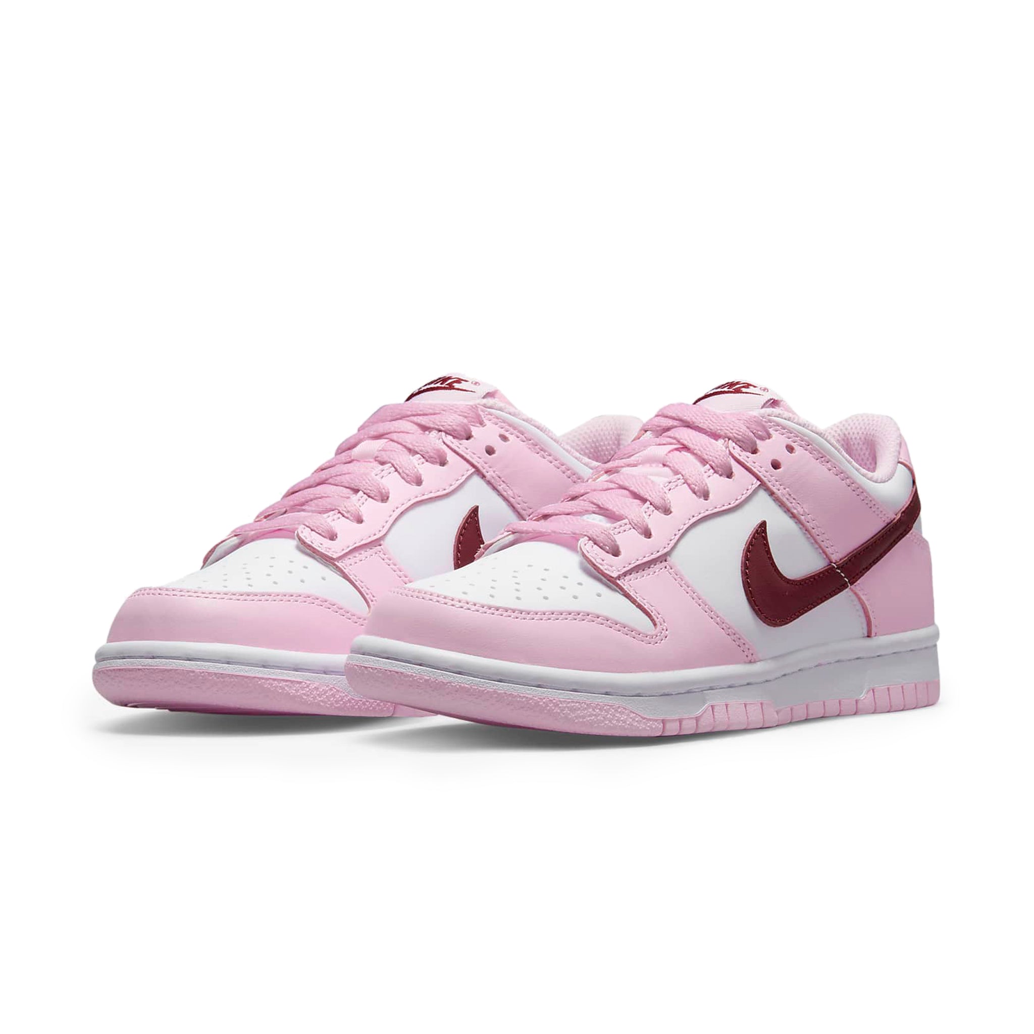 Front side view of Nike Dunk Low Pink Red White (GS) CW1590-601