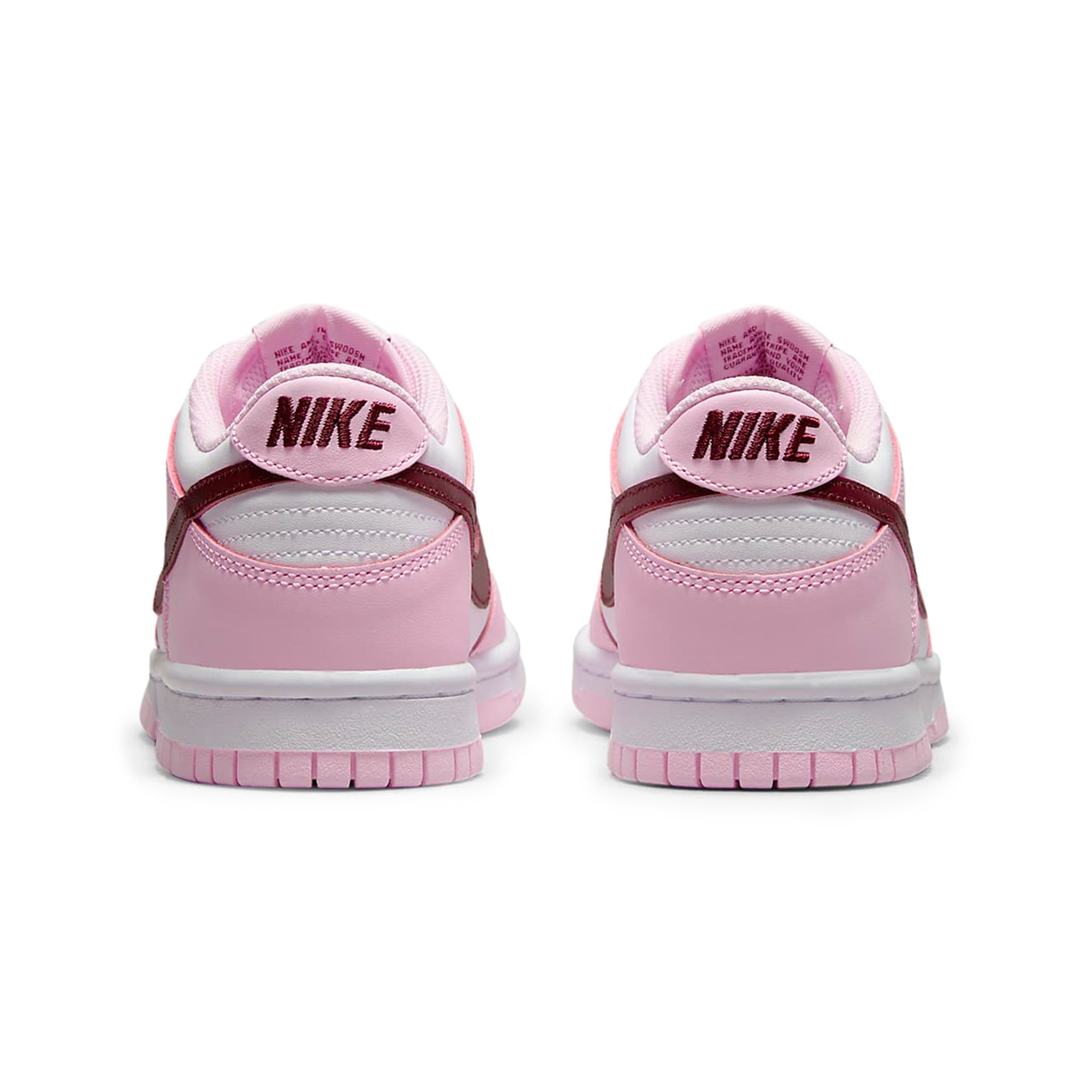 Heel view of Nike Dunk Low Pink Red White (GS) CW1590-601