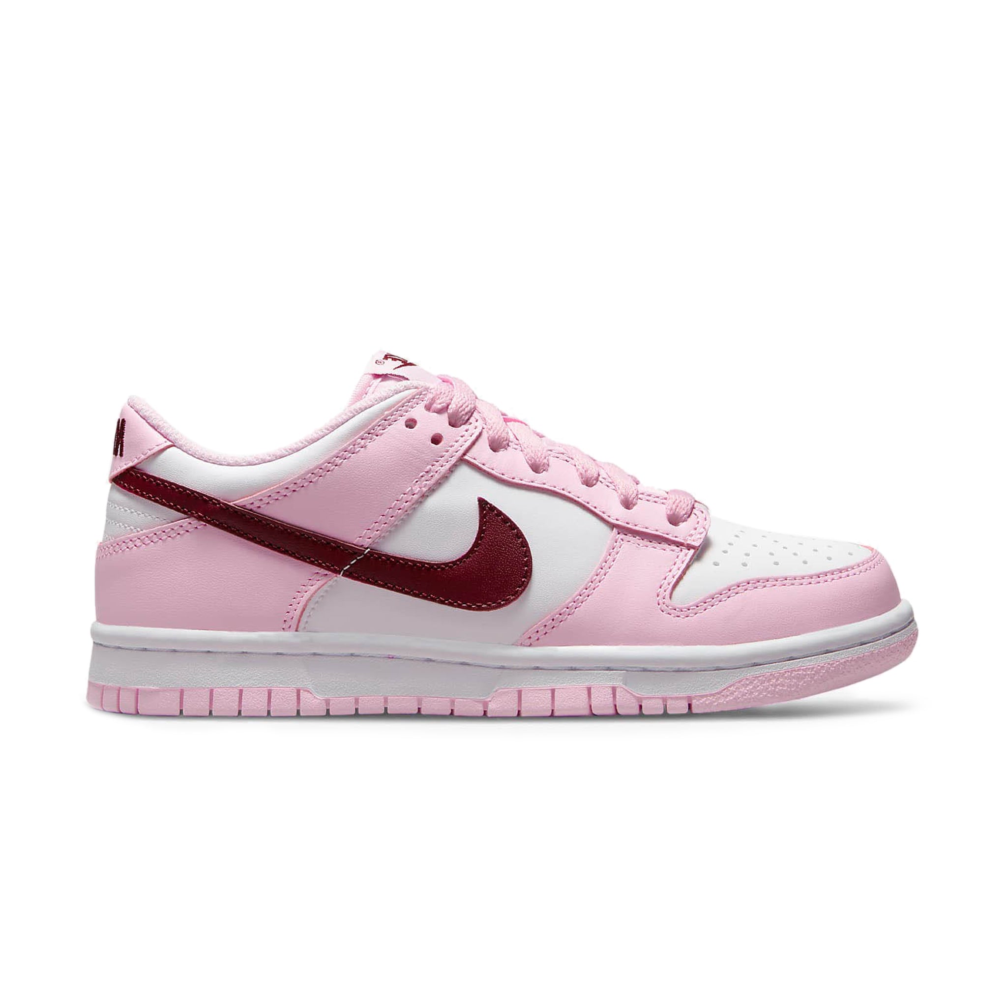 Side view of Nike Dunk Low Pink Red White (GS) CW1590-601