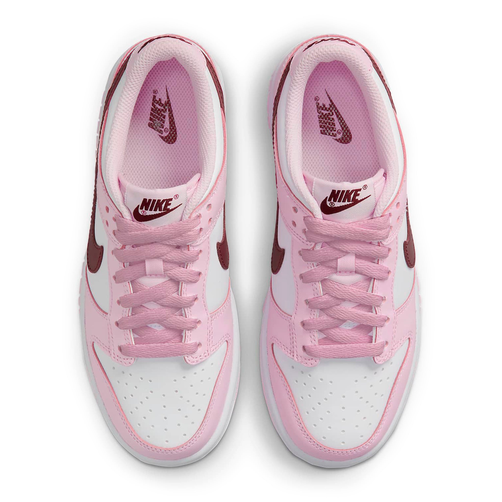 Top down view of Nike Dunk Low Pink Red White (GS) CW1590-601