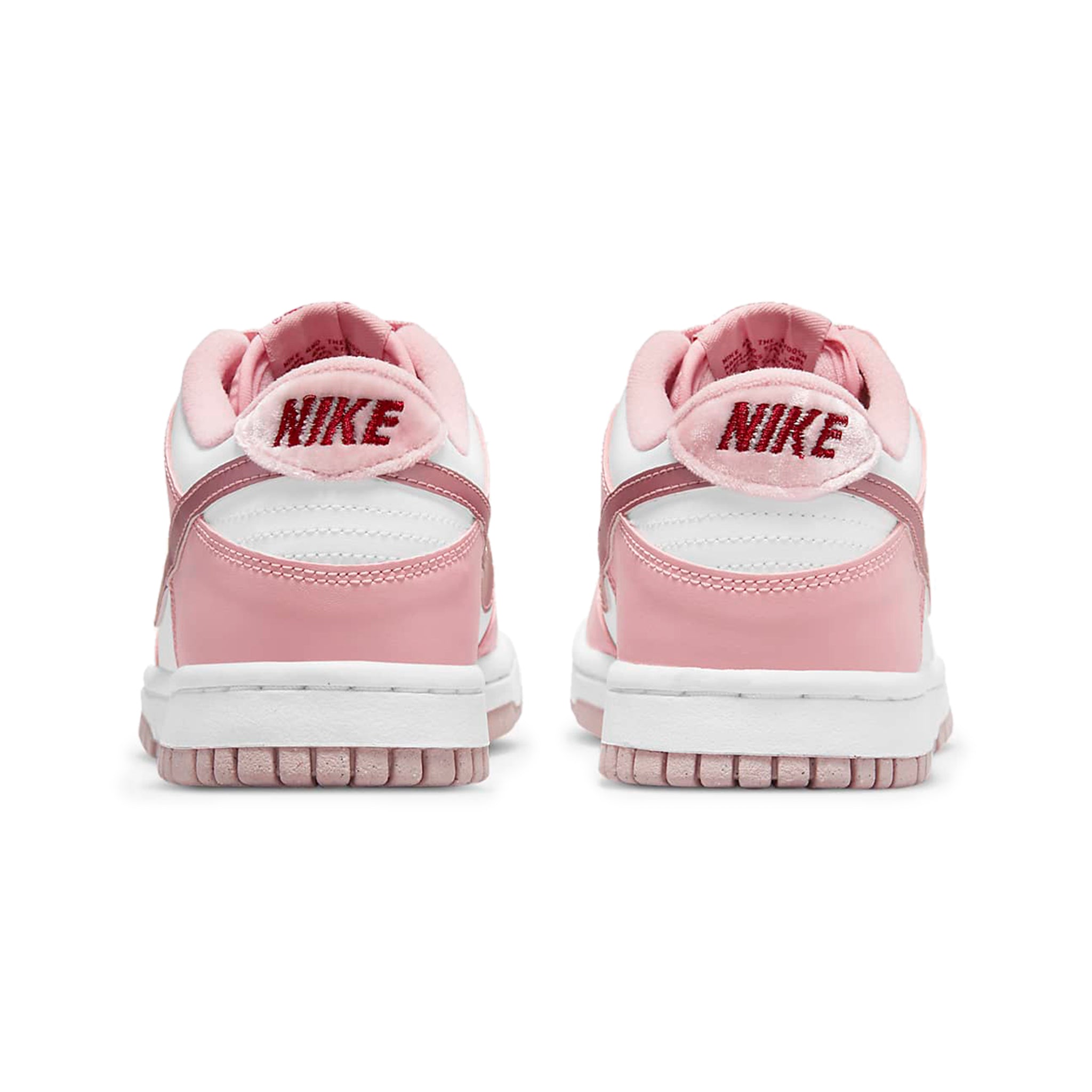 Heel view of Nike Dunk Low Pink Velvet (GS) DO6485-600