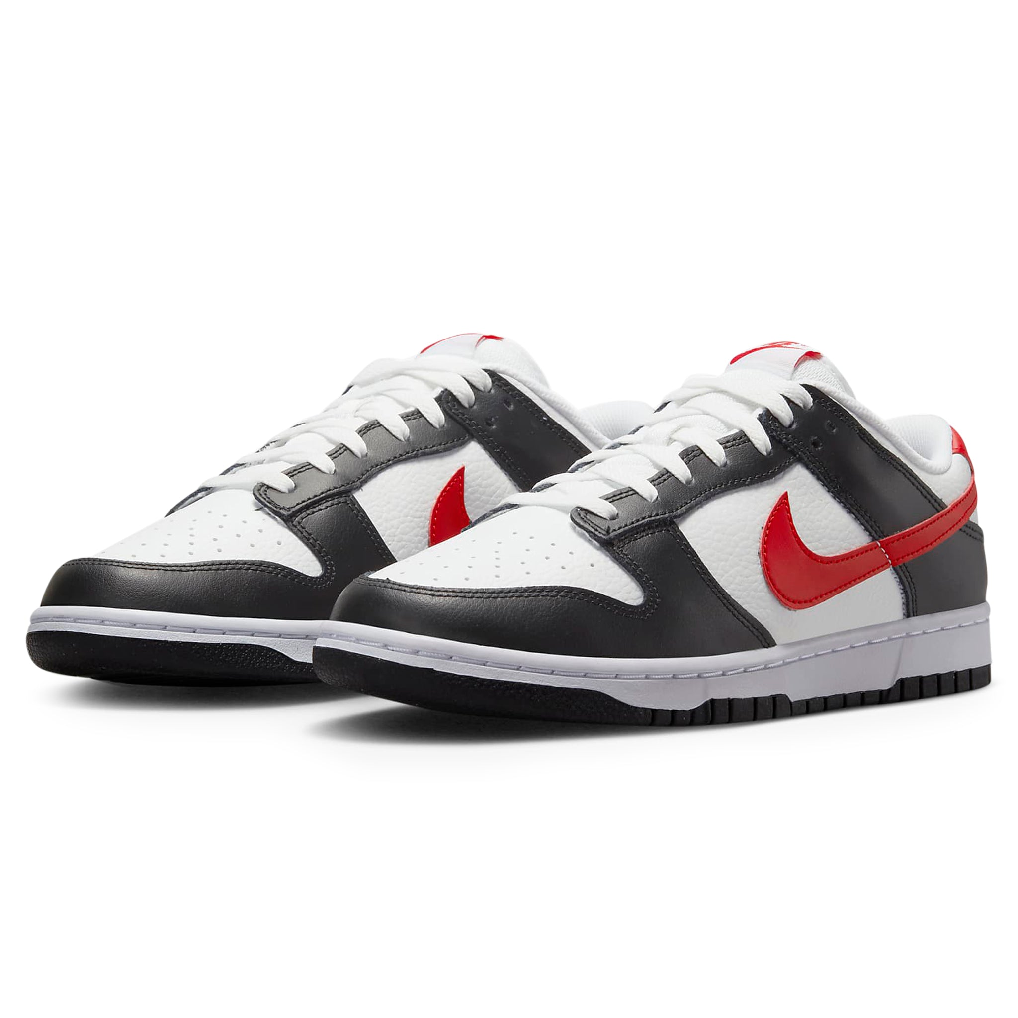 Front side view of Nike Dunk Low Retro Red Swoosh Panda FB3354-001
