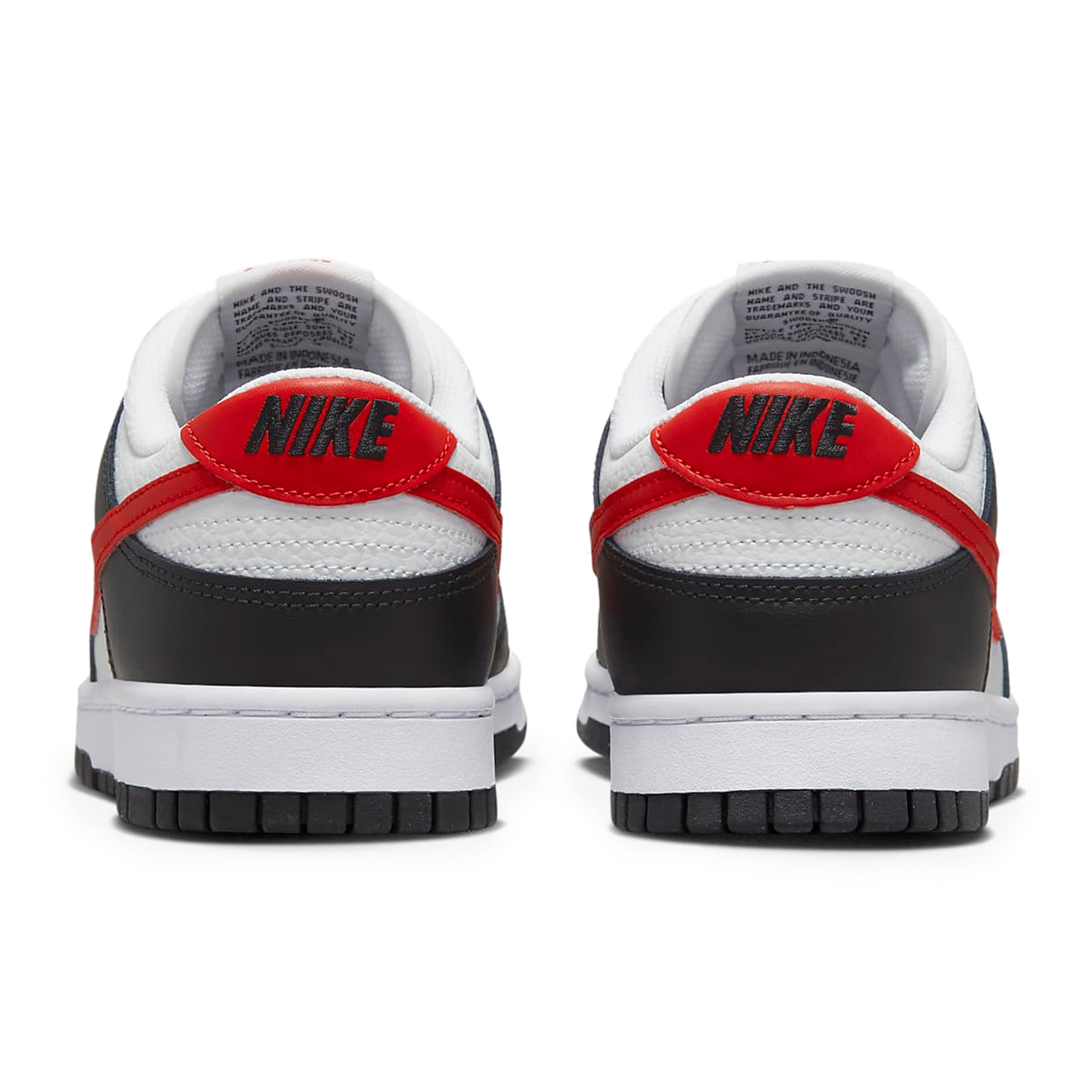 Heel view of Nike Dunk Low Retro Red Swoosh Panda FB3354-001