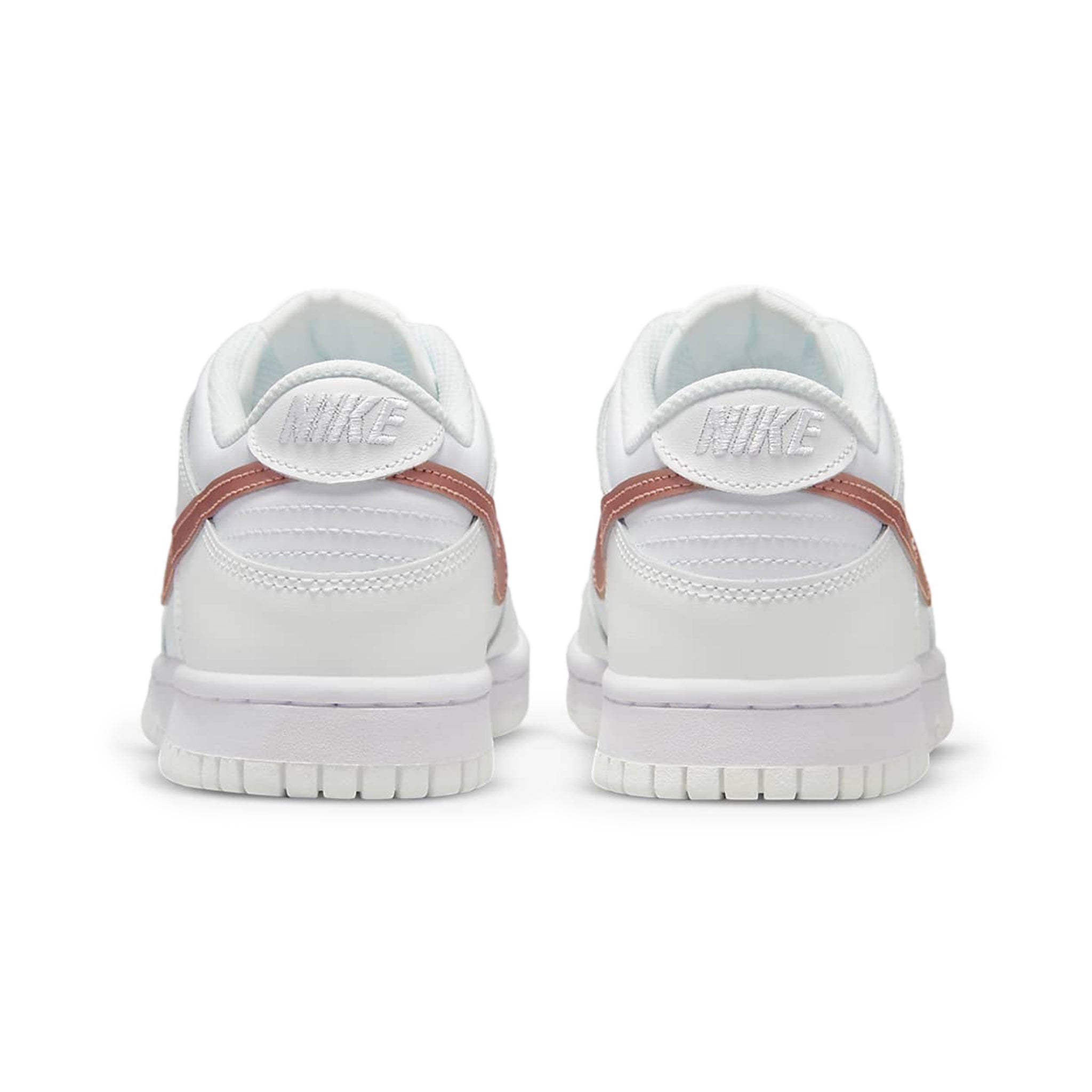 Heel view of Nike Dunk Low White Pink (GS) DH9765-100