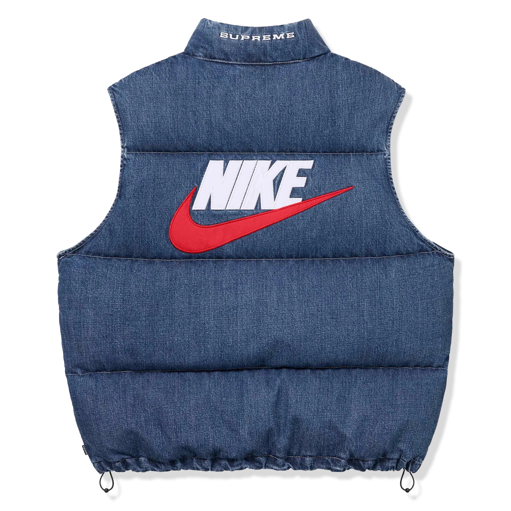 Back view of Nike Supreme Denim Puffer Vest Indigo Blue