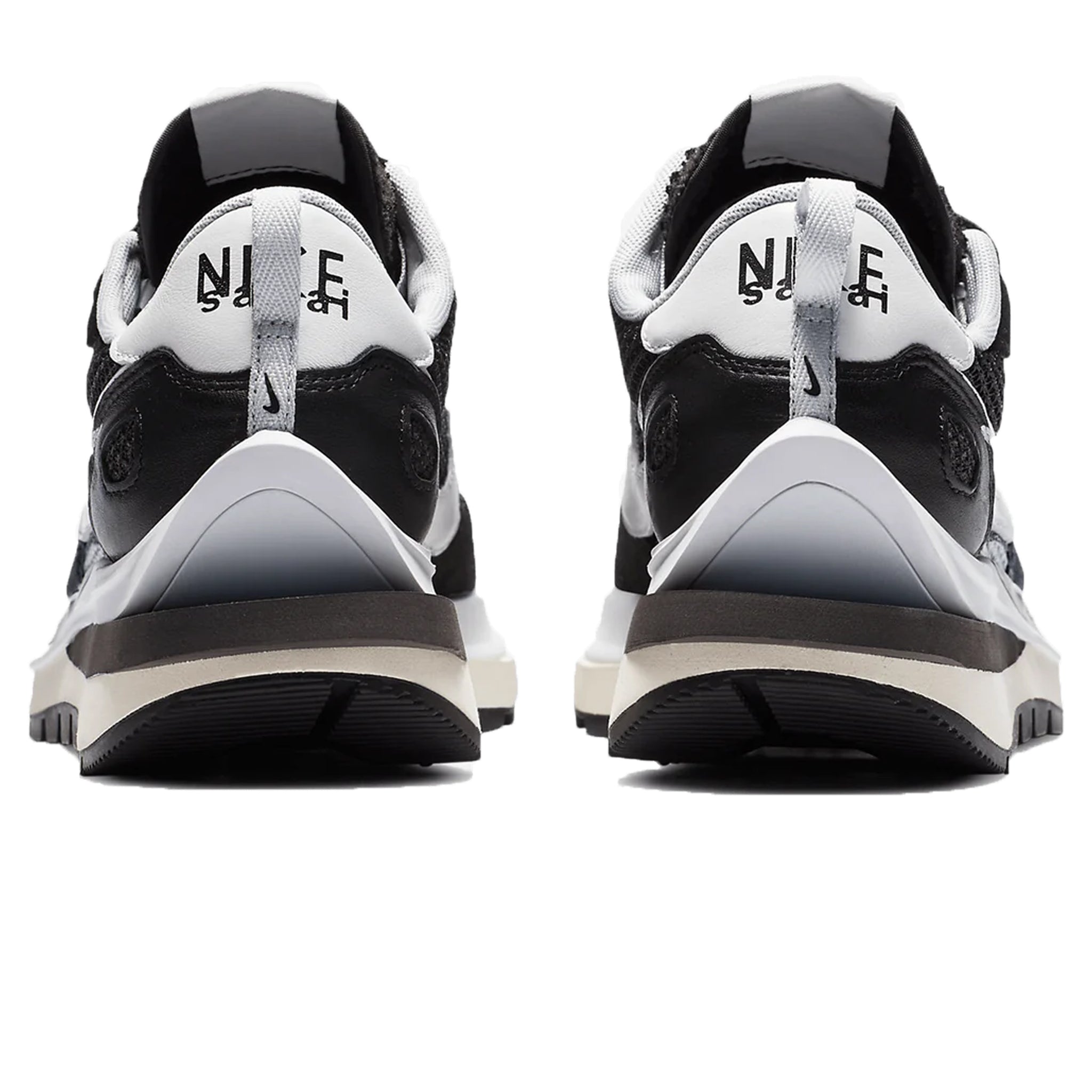 Heel view of Nike x Sacai Vaporwaffle Black White Sneaker CV1363-001