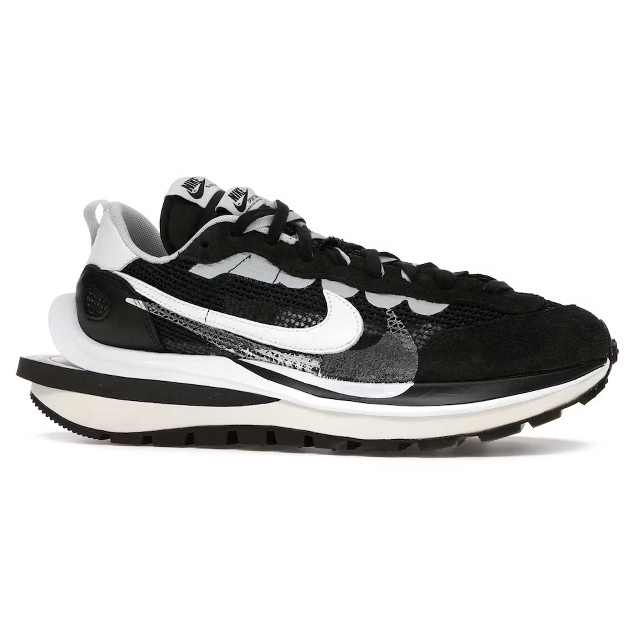Side view of Nike x Sacai Vaporwaffle Black White Sneaker CV1363-001