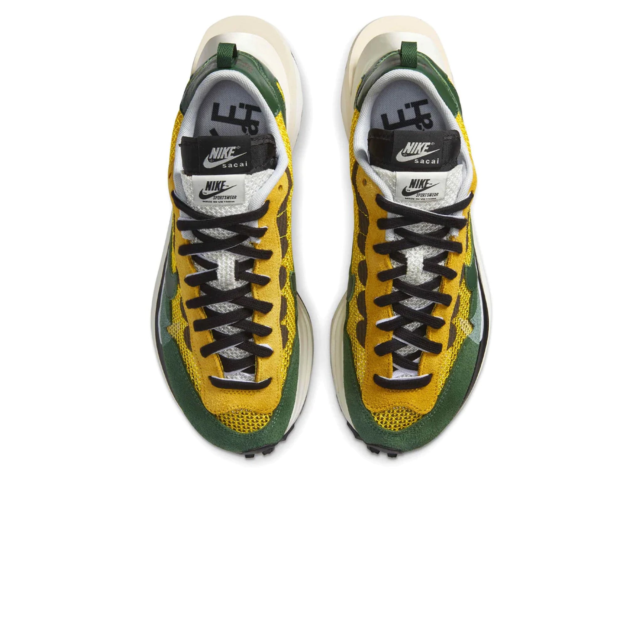 Top down view of Nike x Sacai Vaporwaffle Tour Yellow Stadium Green Sneaker CV1363-700