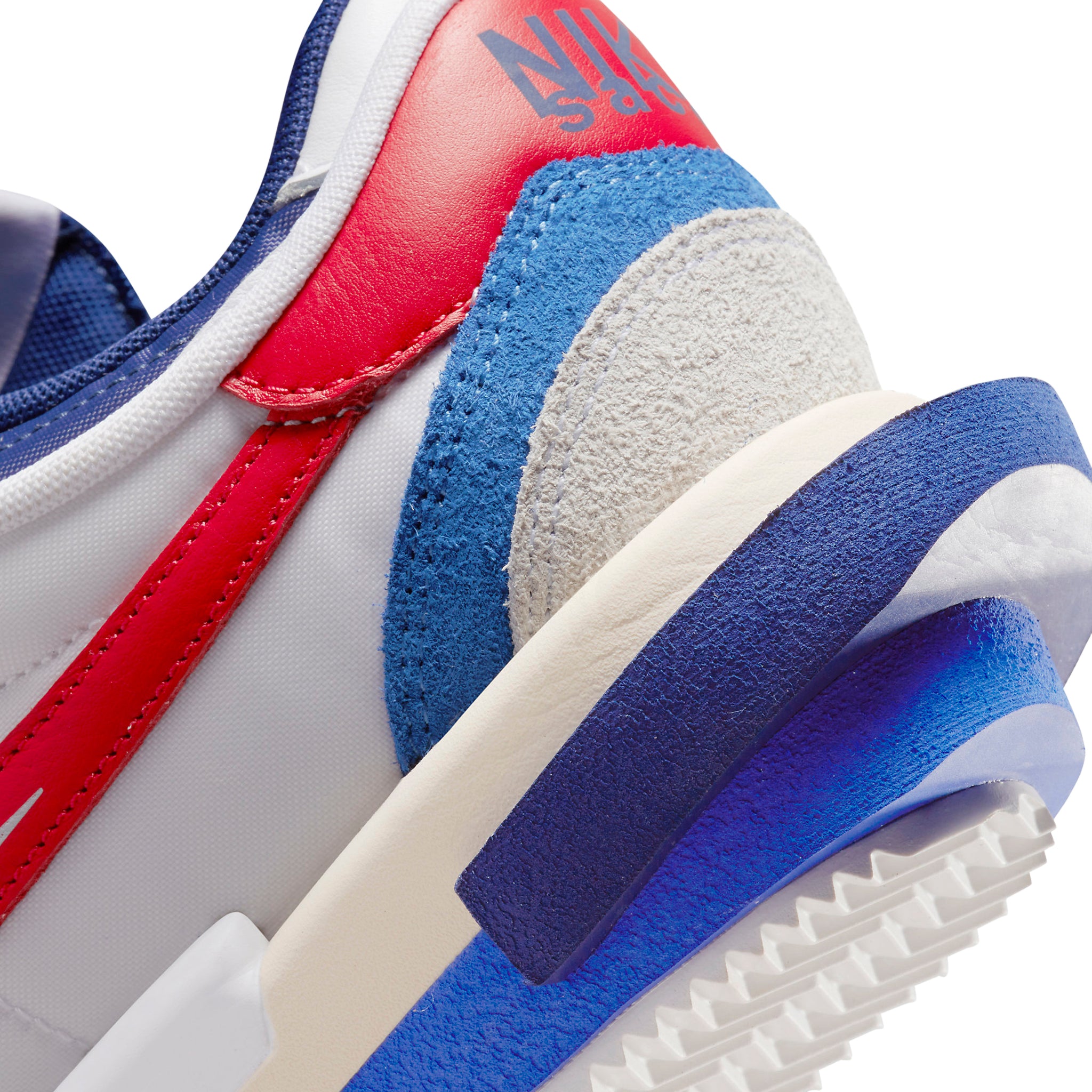 Back view of Nike x Sacai Zoom Cortez White University Red Blue DQ0581-100