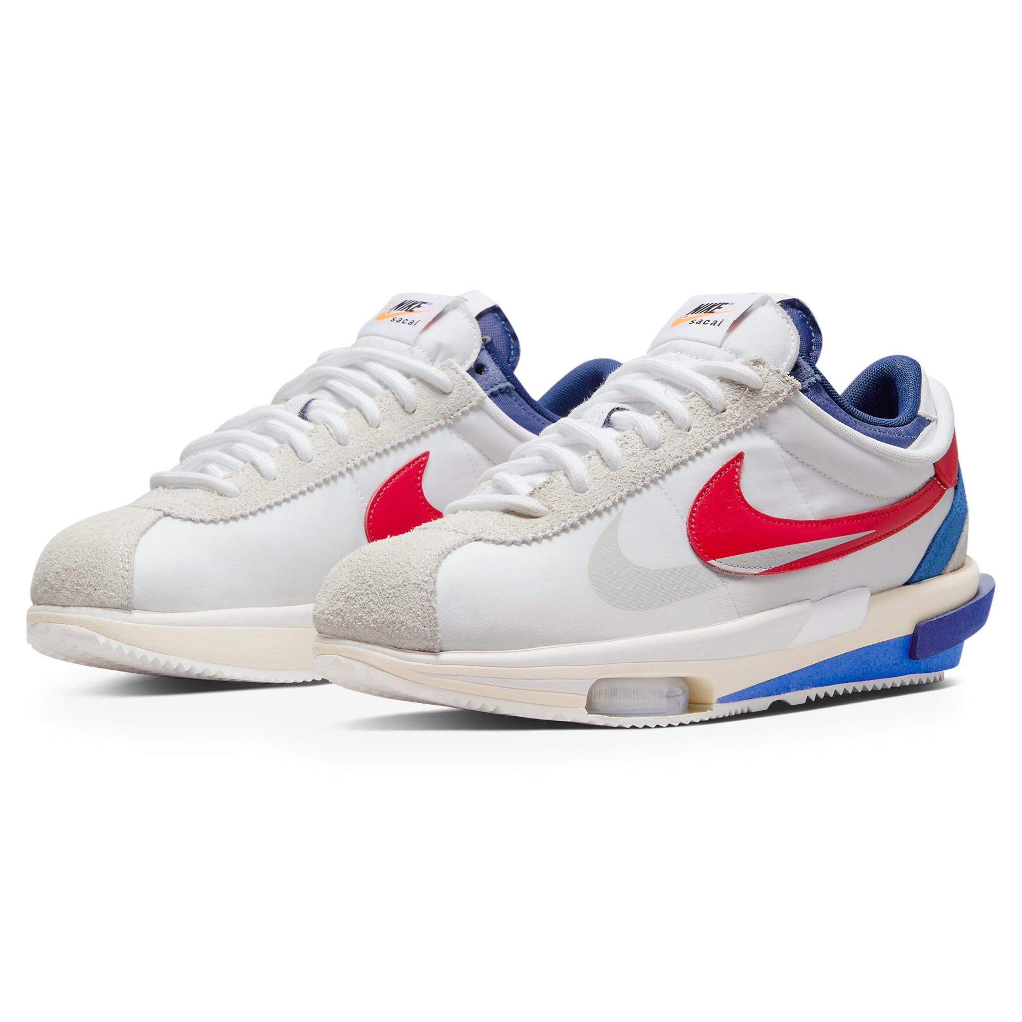 Front side view of Nike x Sacai Zoom Cortez White University Red Blue DQ0581-100