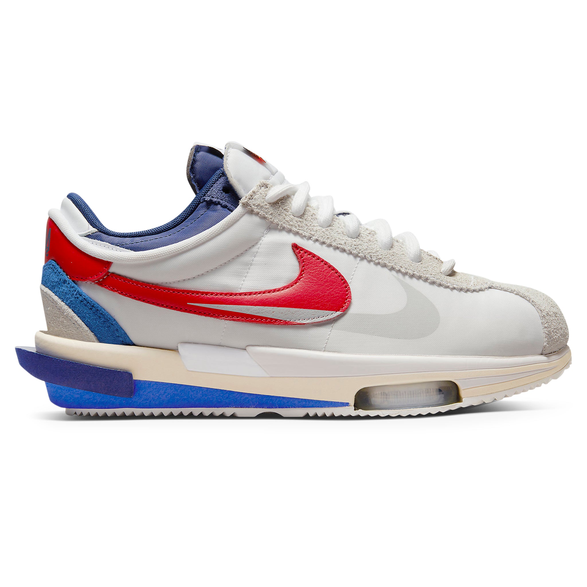 Side view of Nike x Sacai Zoom Cortez White University Red Blue DQ0581-100