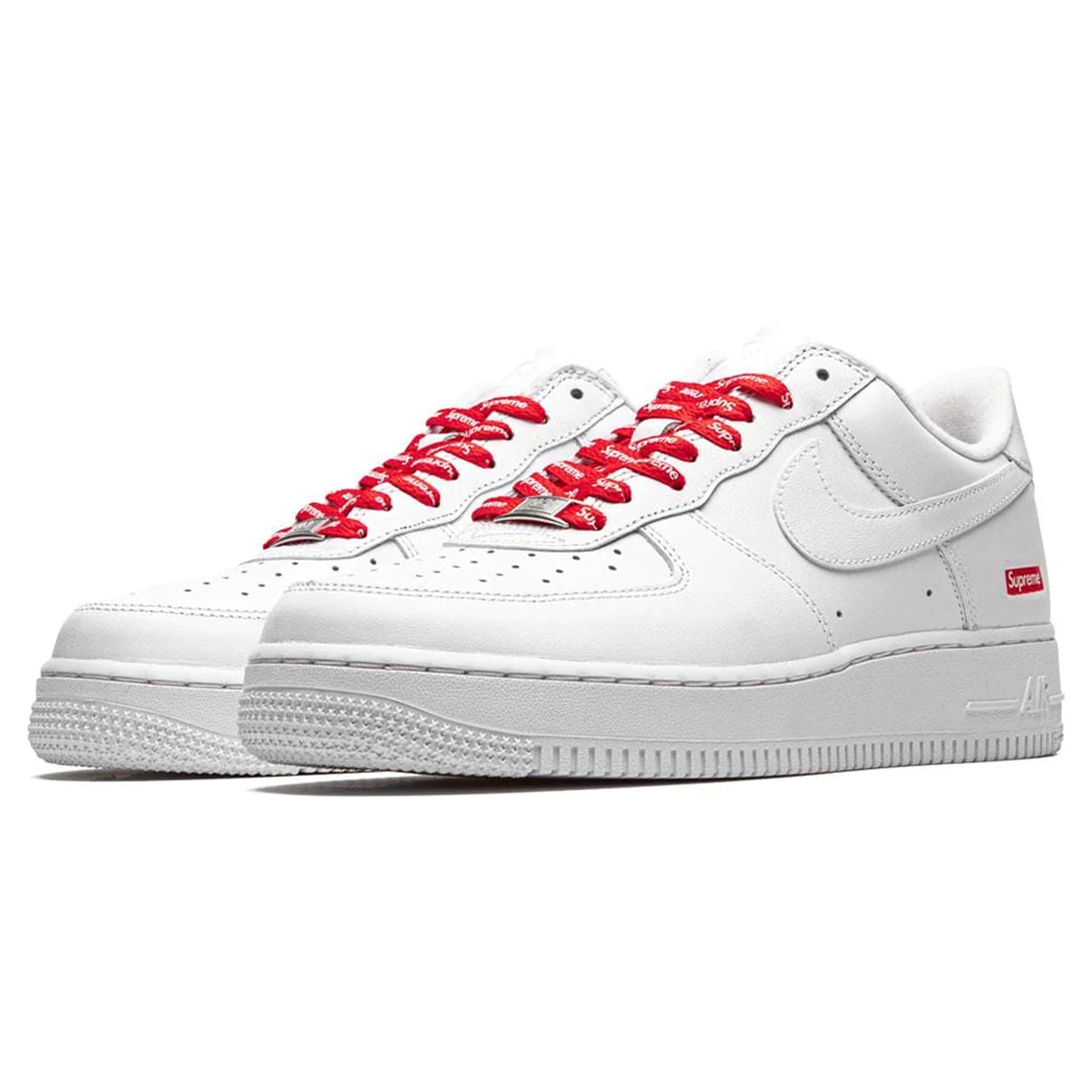Front side view of Nike x Supreme Air Force 1 Low White Box Logo CU9225-100
