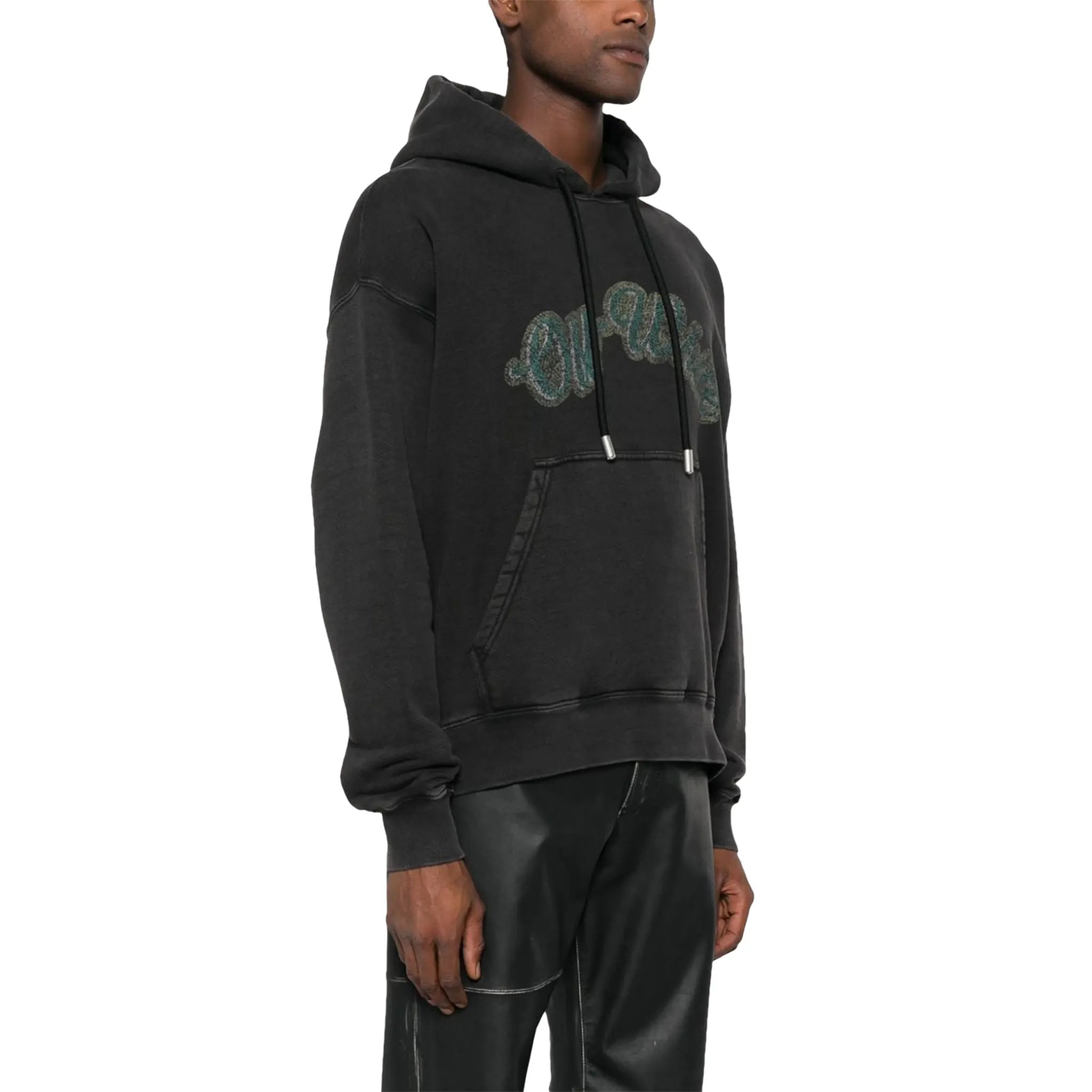 Model side view of Off-White Bacchus Skate Black Hoodie OMBB085S24FLE0201055