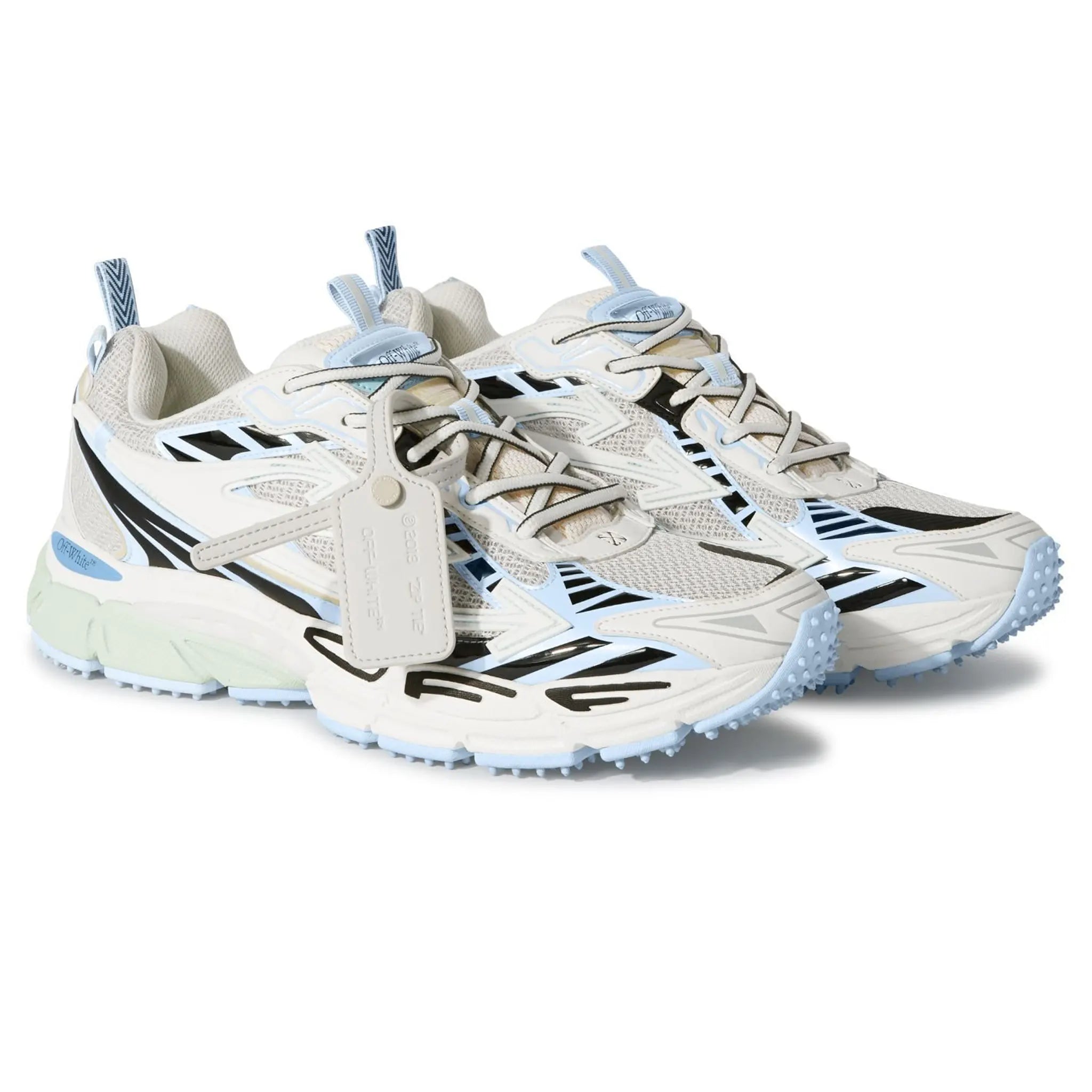 Front Side View of Off-White Be Right Back White Light Blue Sneaker (W) OMIA295C99FAB0010140