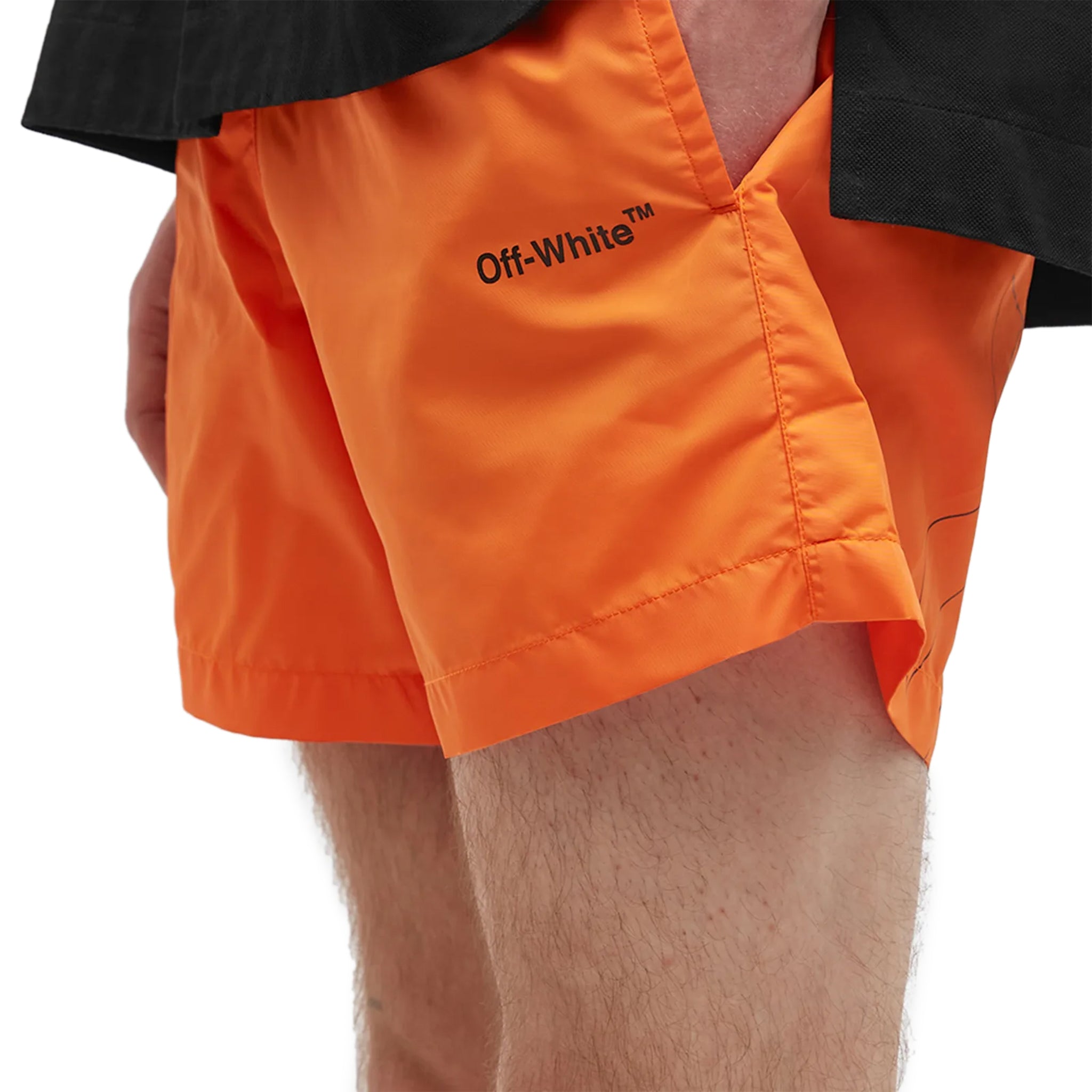 Side view of Off-White Diagonal Outline Orange Swim Shorts OMFA003S22FAB0012010