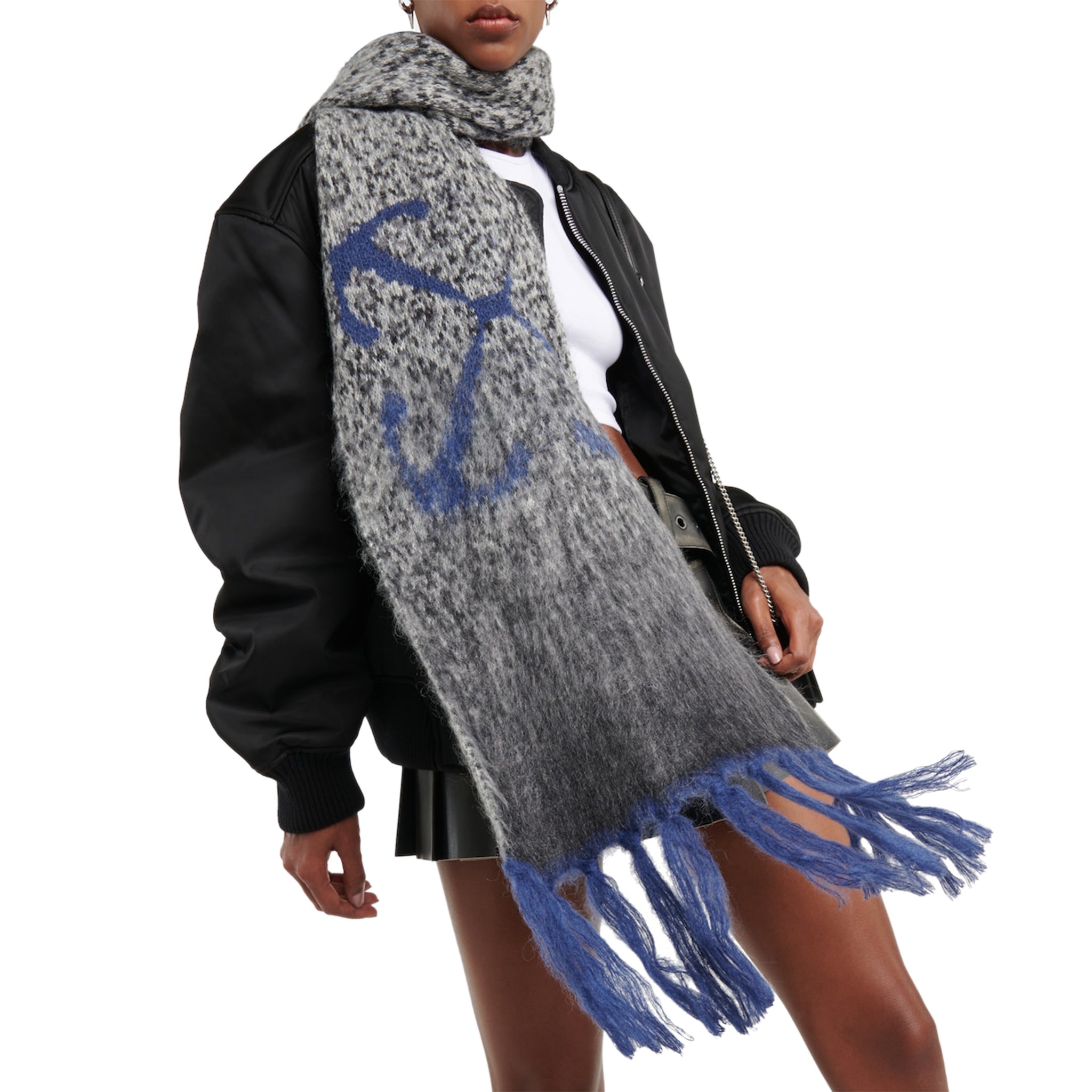 Model view of Off-White Mohair Blend Dark Grey Scarf 