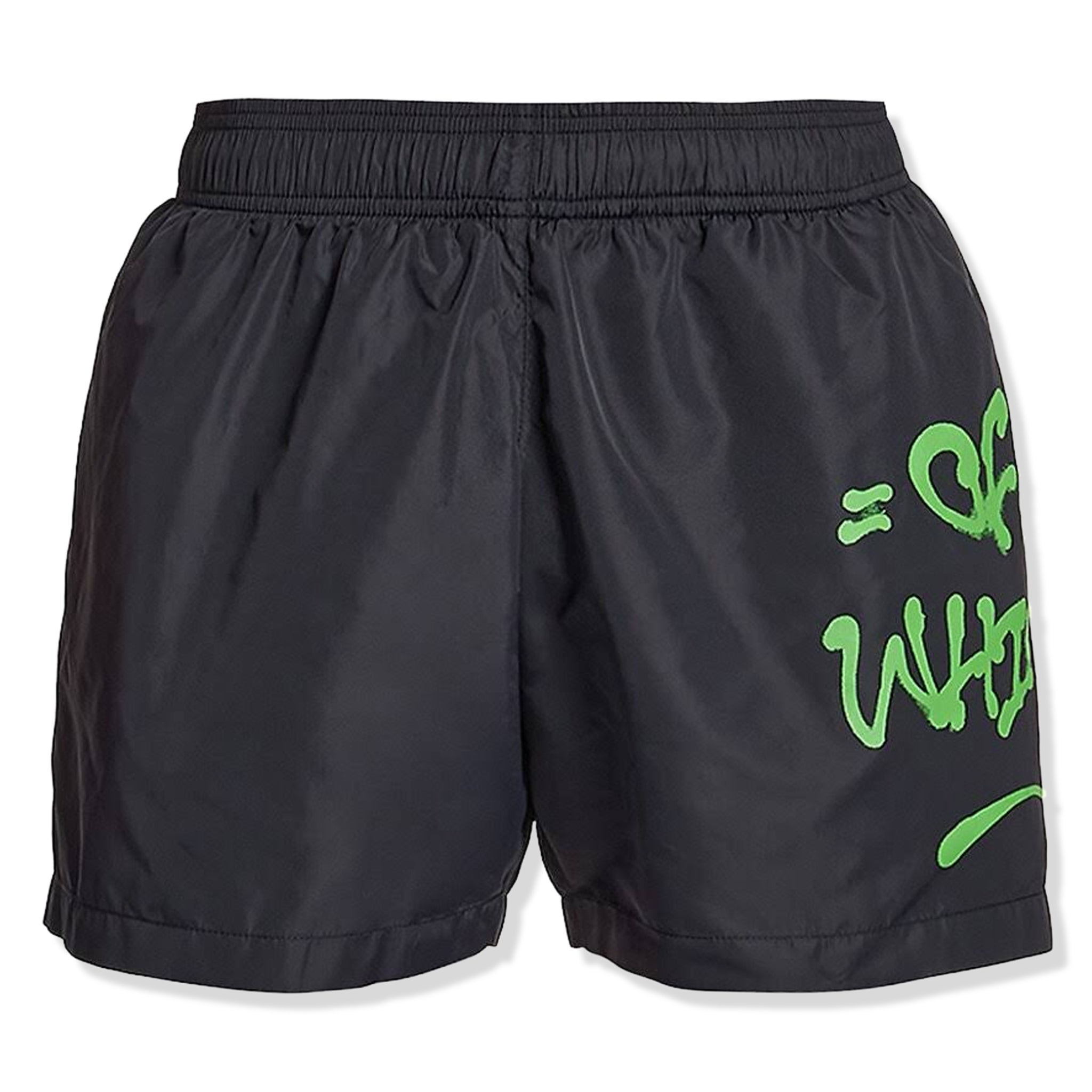 Front view of off-white neon logo print black swim shorts omfa003s22fab0021070