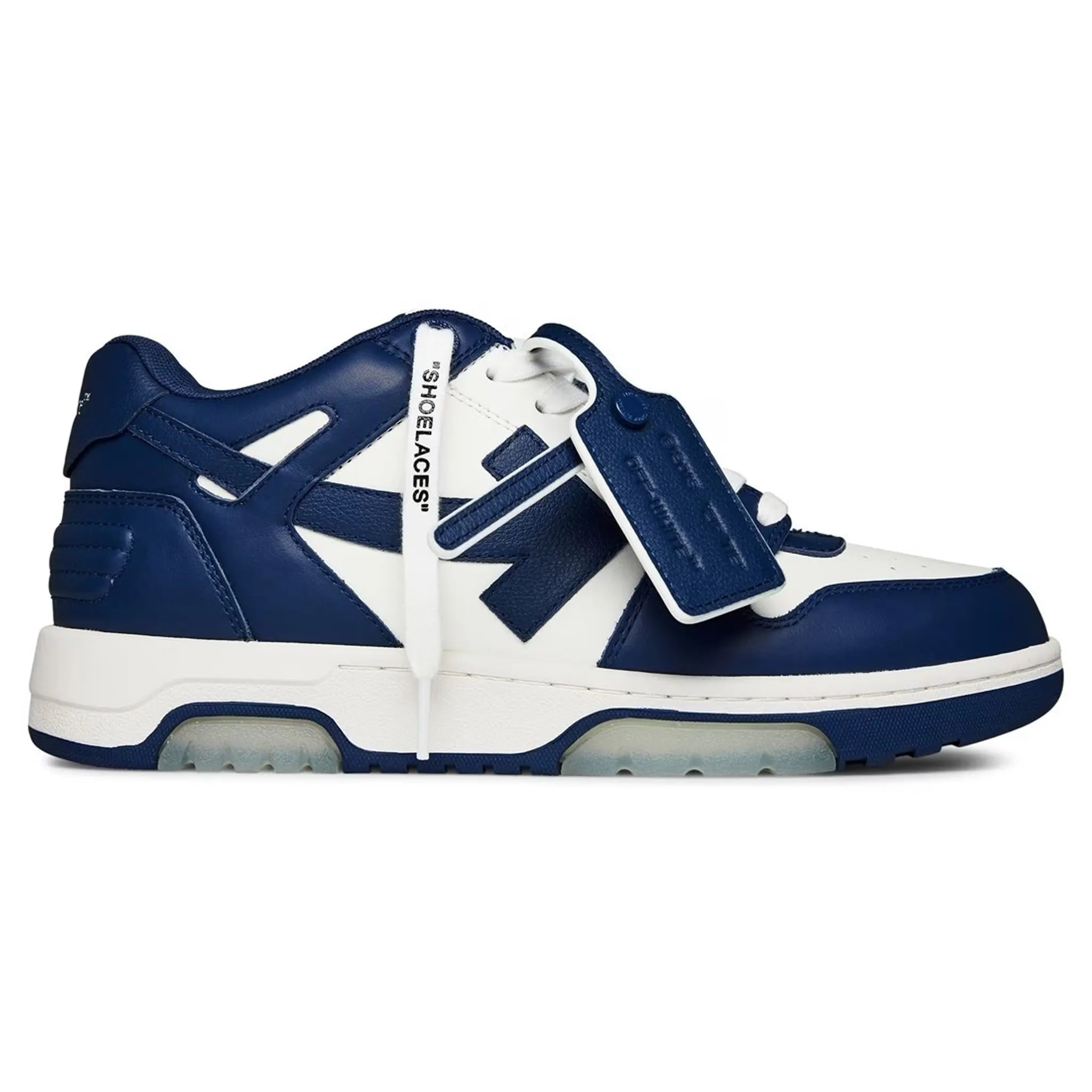 Side view of Off White Out Of Office Navy Blue White Trainers