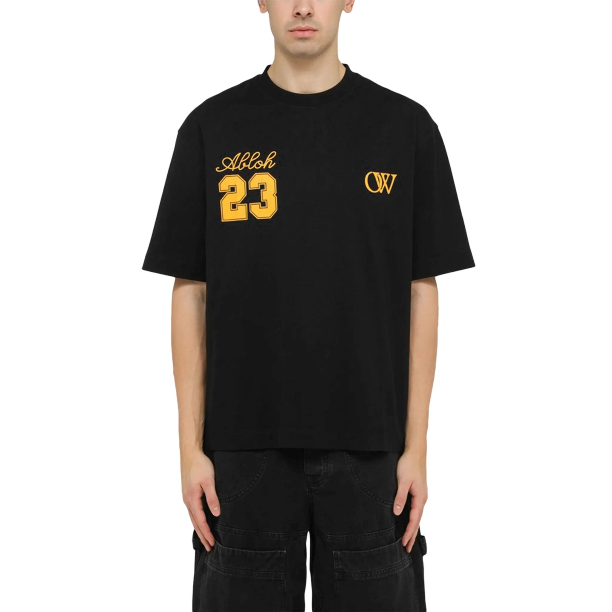 Model front view of Off-White OW 23 Skate Black T Shirt OMAA120S24JER008