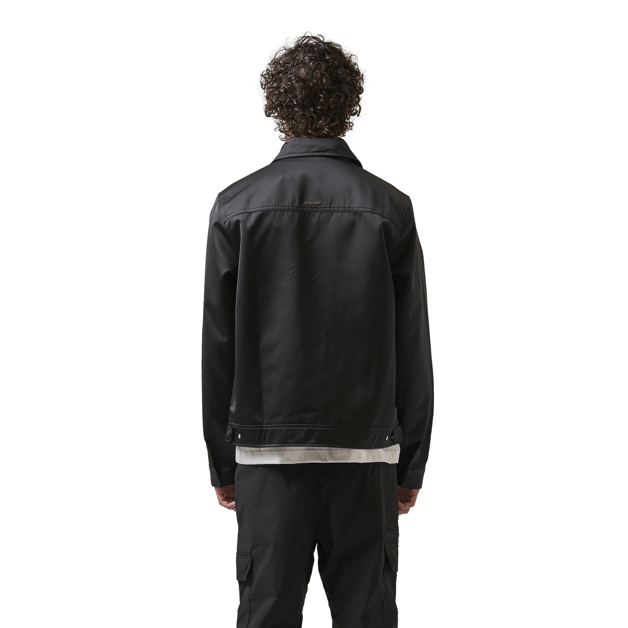 Model back view of Azat Mard Nylon Les Gens Black Zipper Jacket