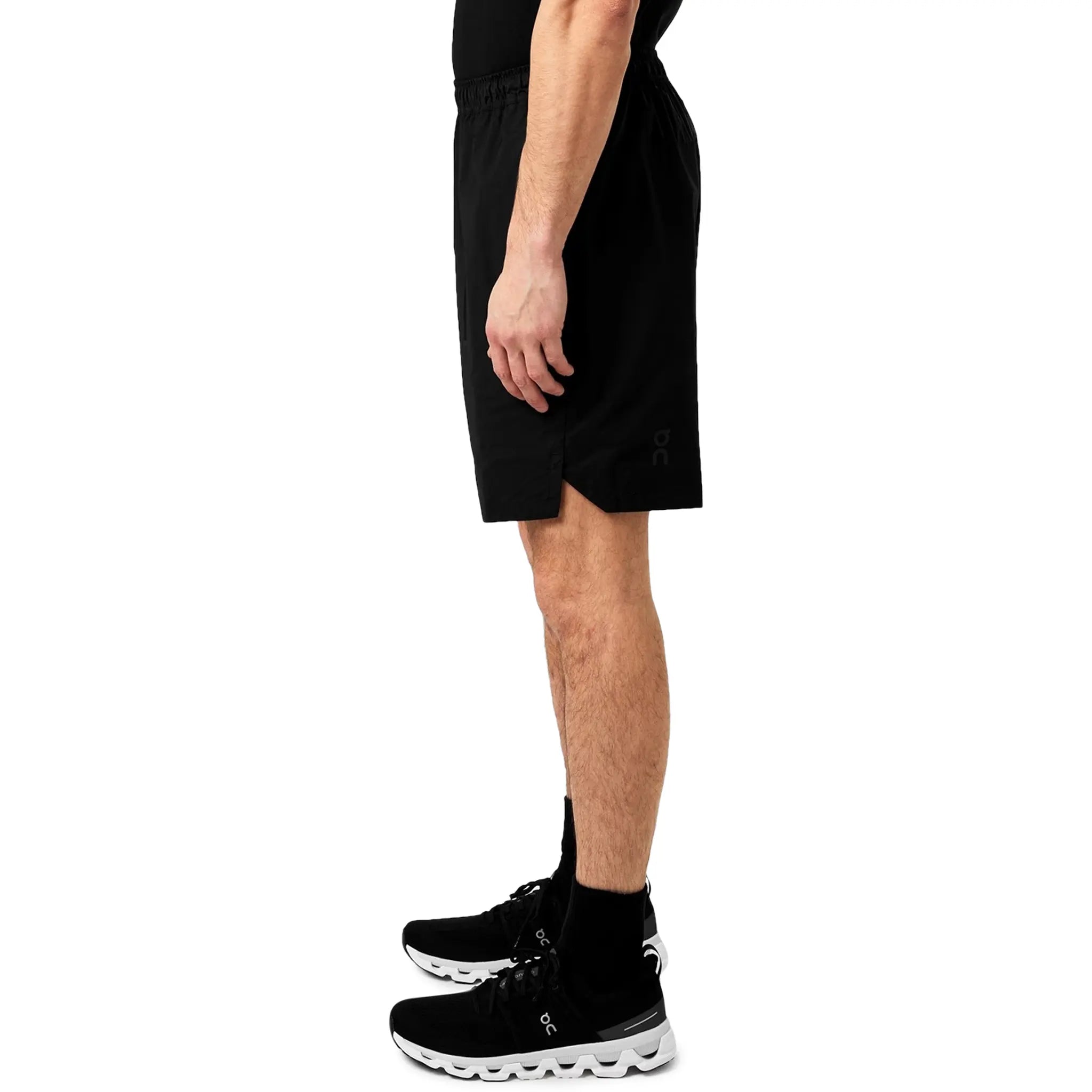 Model Side view of On Running All-Day Black Shorts 1MD30150553