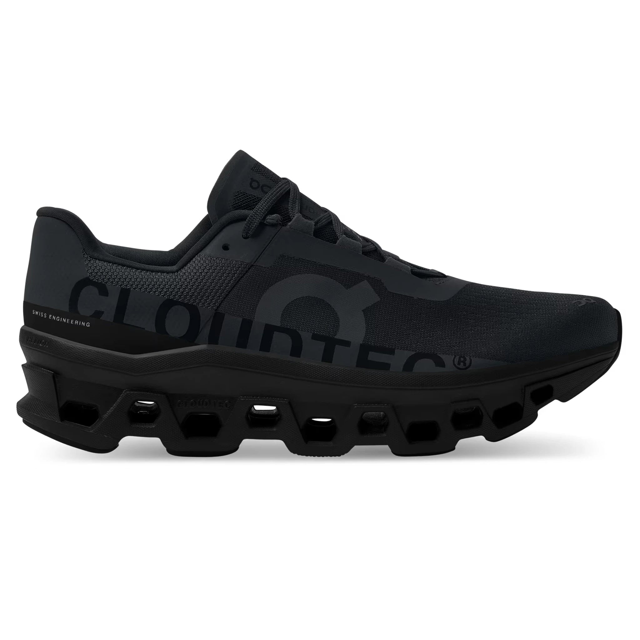 Side view of On Running Cloudmonster All Black 61.99025