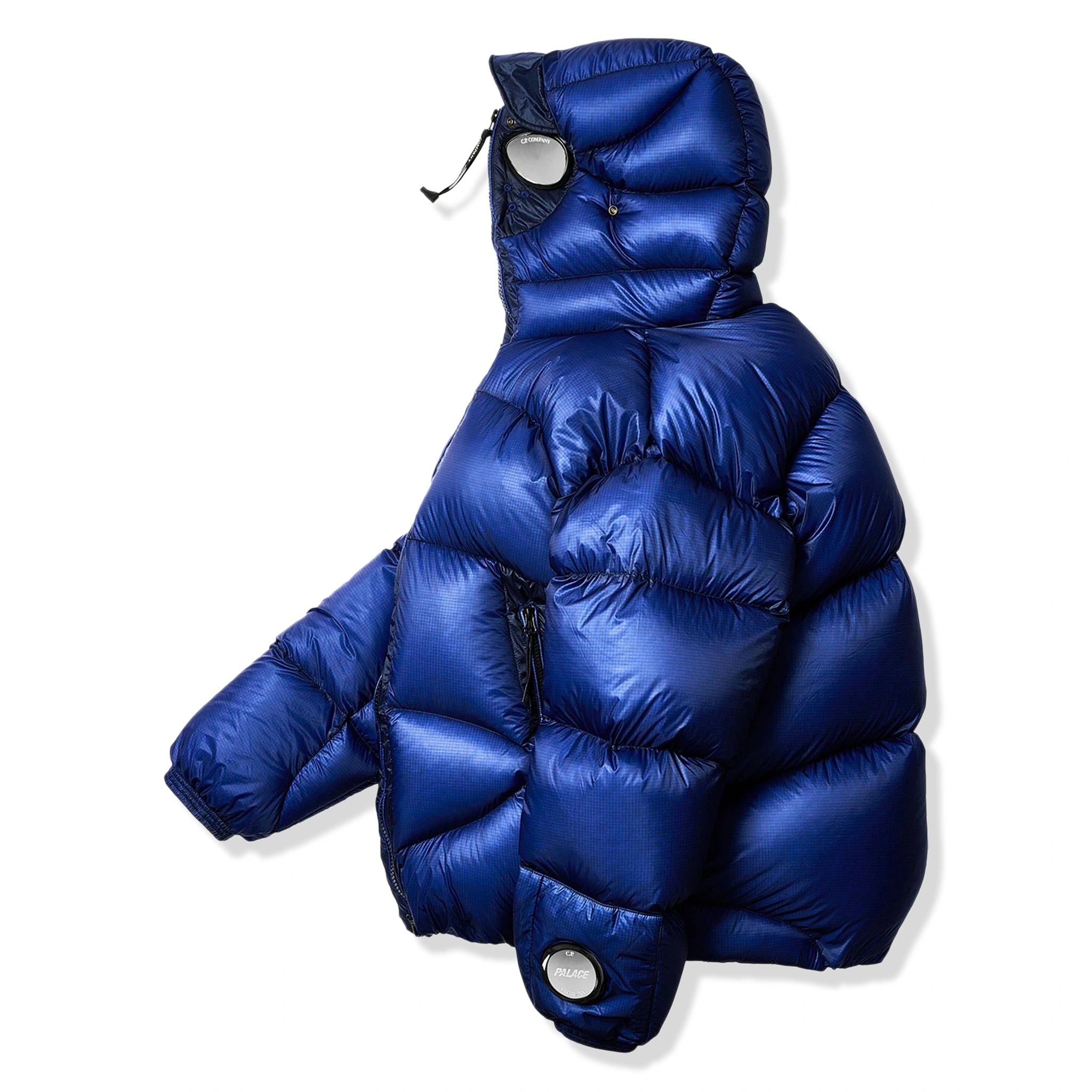 Side view of Palace x C.P. Company Bright Cobalt Puffer Jacket OW003A006099A867