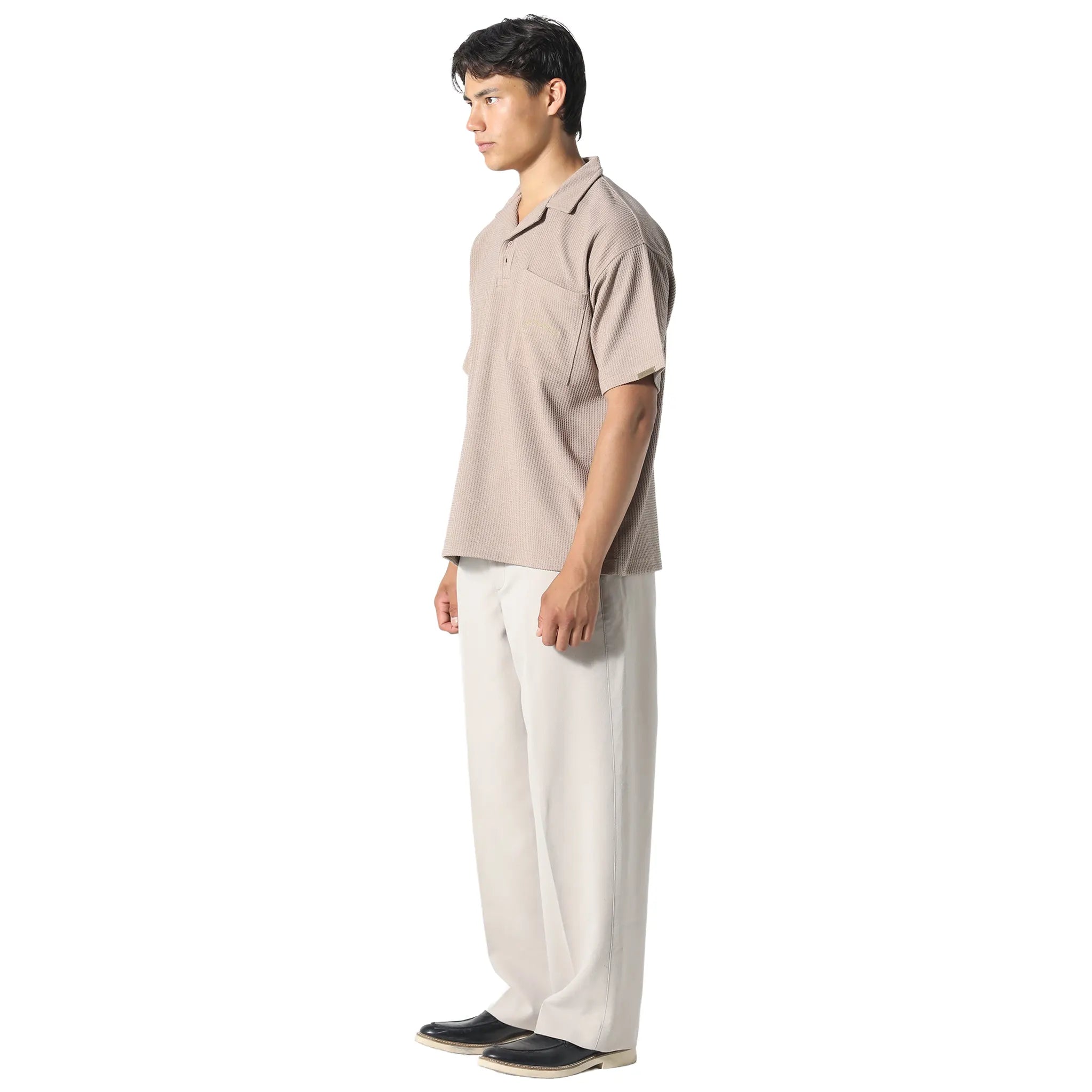 Model Front Side View of Pas De Monaco Waffle Tobacco Polo Shirt PKK22O00G-B11