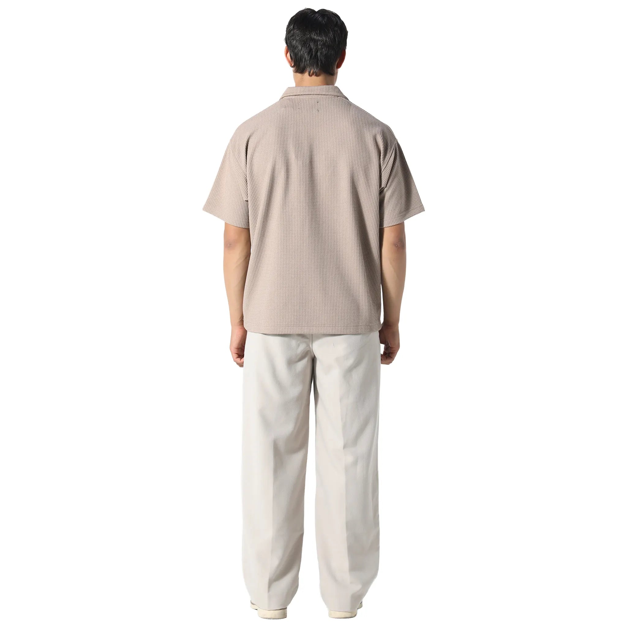 Model Back View of Pas De Monaco Waffle Tobacco Polo Shirt PKK22O00G-B11