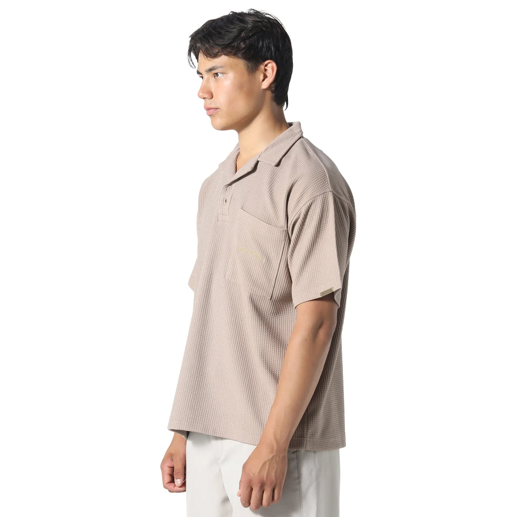 Model Front Side View of Pas De Monaco Waffle Tobacco Polo Shirt PKK22O00G-B11