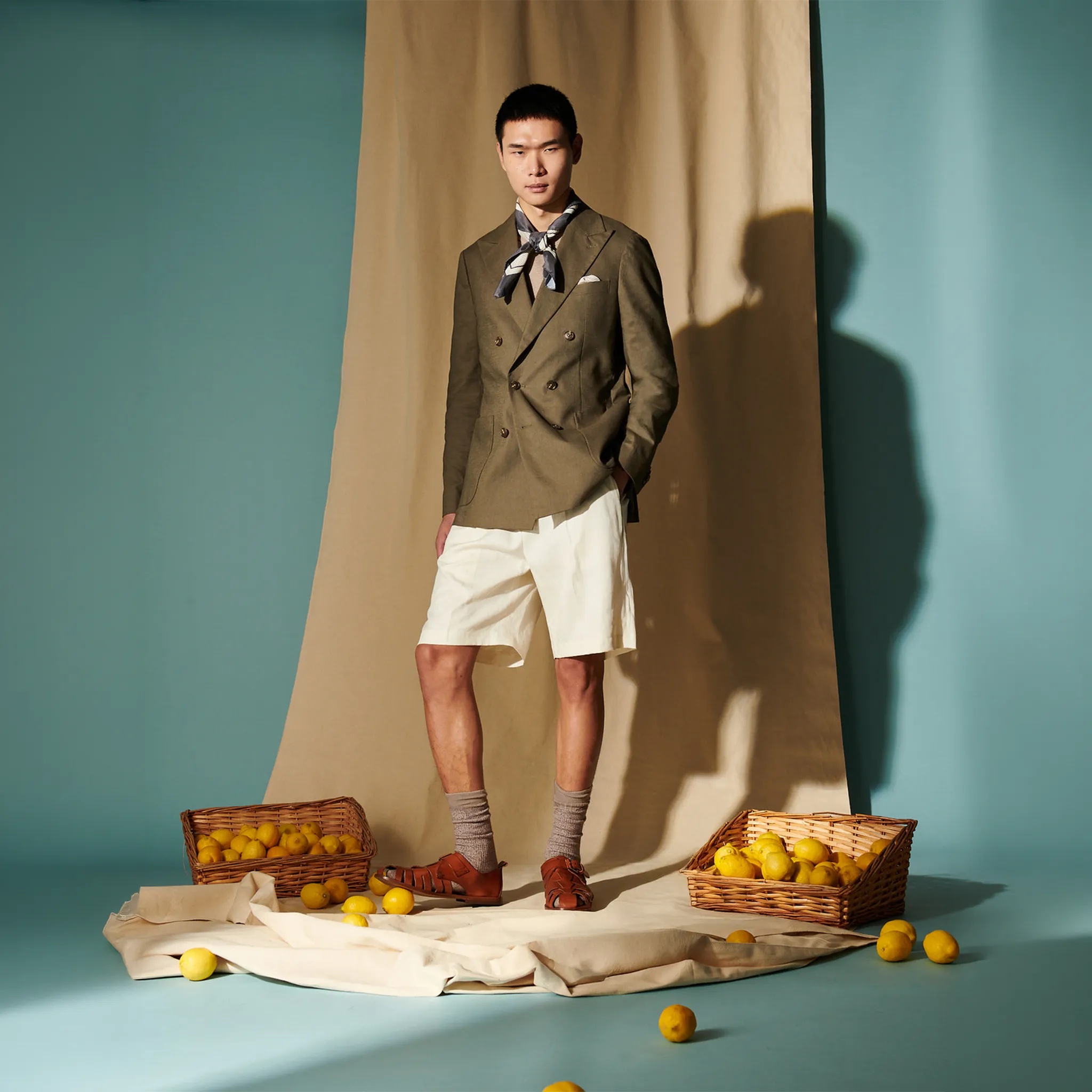 Model View of Peckham Rye Castello Linen Blend Tailored Egret Shorts