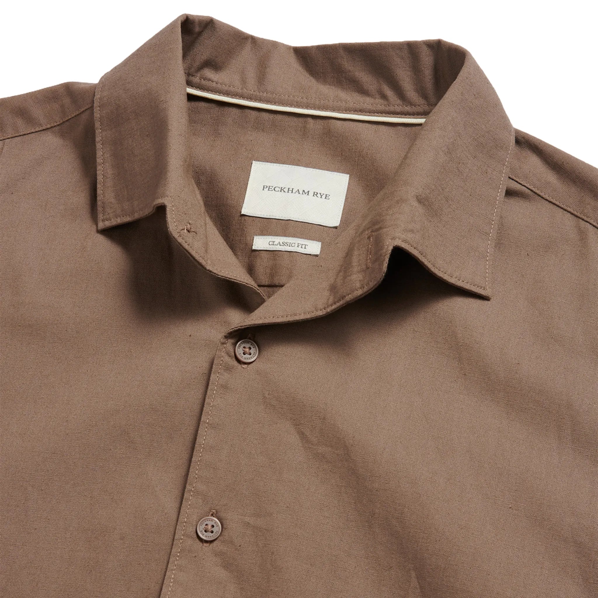 Neck View of Peckham Rye Grove Linen Blend Caribou Shirt