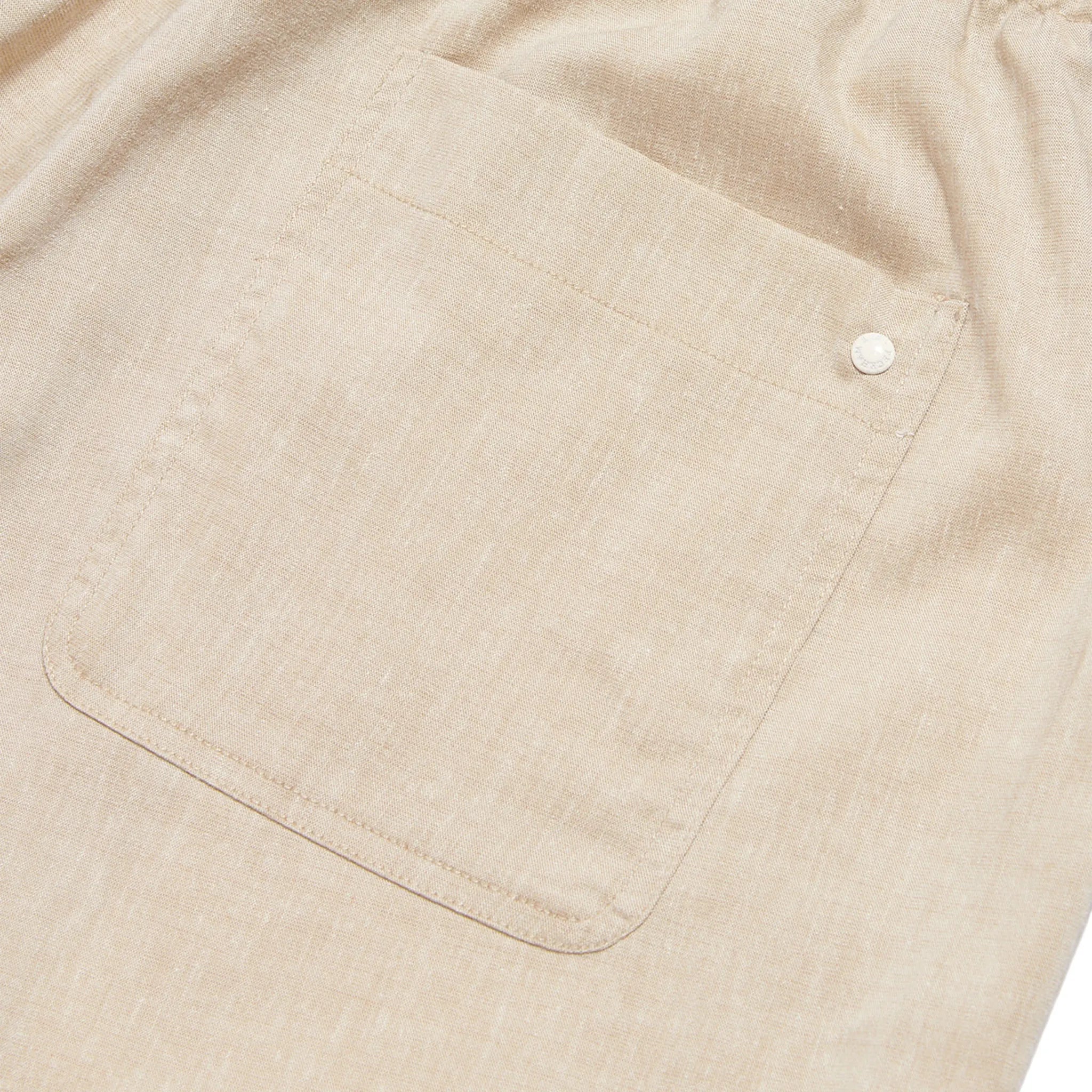 Detailed Back View of Peckham Rye Lido Linen Blend Bermuda Peyote Shorts