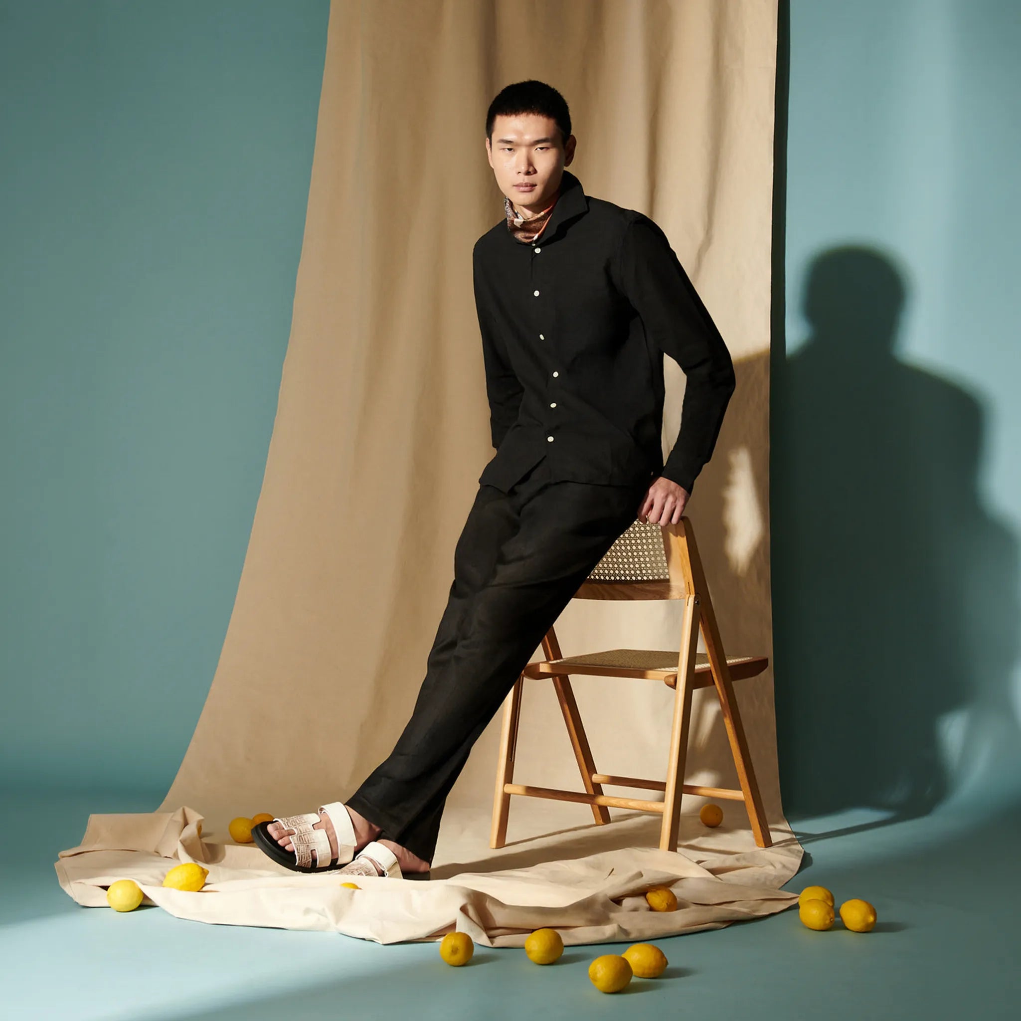 Model View of Peckham Rye Marina Linen Blend Black Trousers