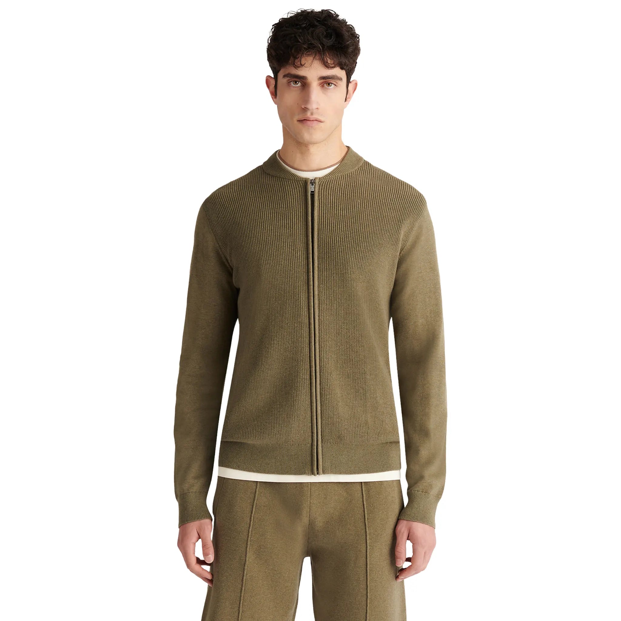 Front View of Peckham Rye Milano Knit Bomber Tea Leaf Cardigan