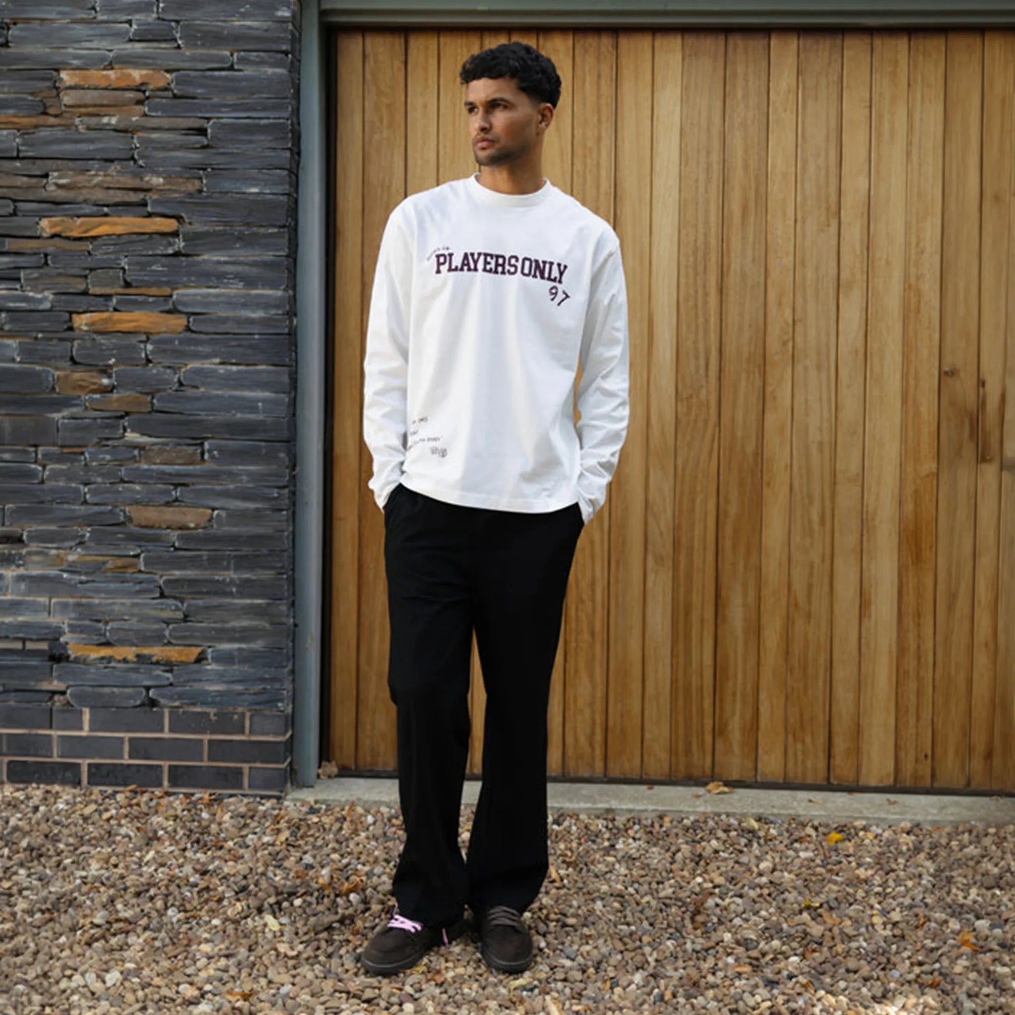 Model view of Players Only Play The Hand You're Dealt Ecru L/S T-Shirt