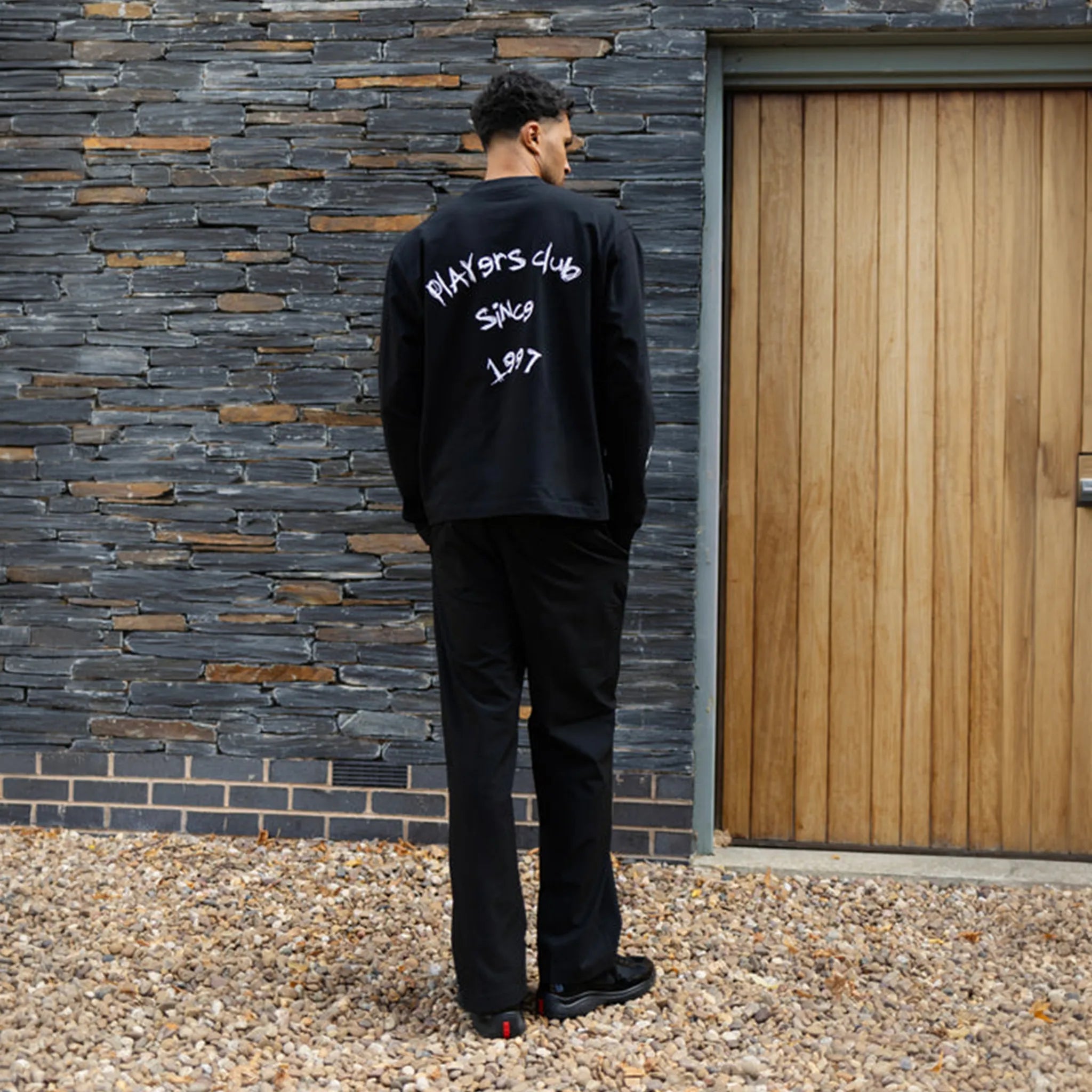 Model back view of Players Only Players Club L/S Black T-Shirt 