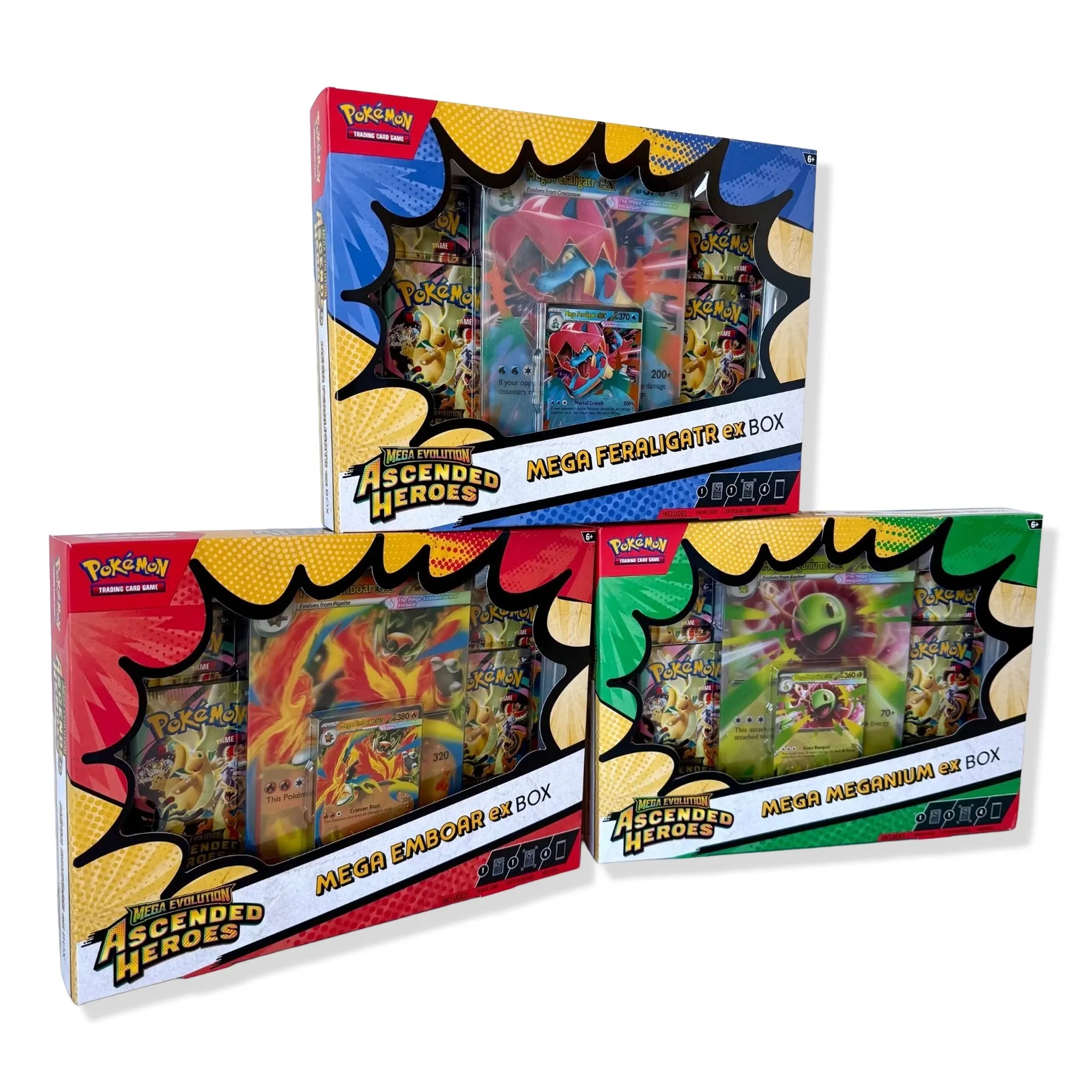 Front View of Pokemon Mega Evolution Ascended Heroes Mega Emboar Mega Feraligatr  Mega Meganium Ex Box Set (2026)