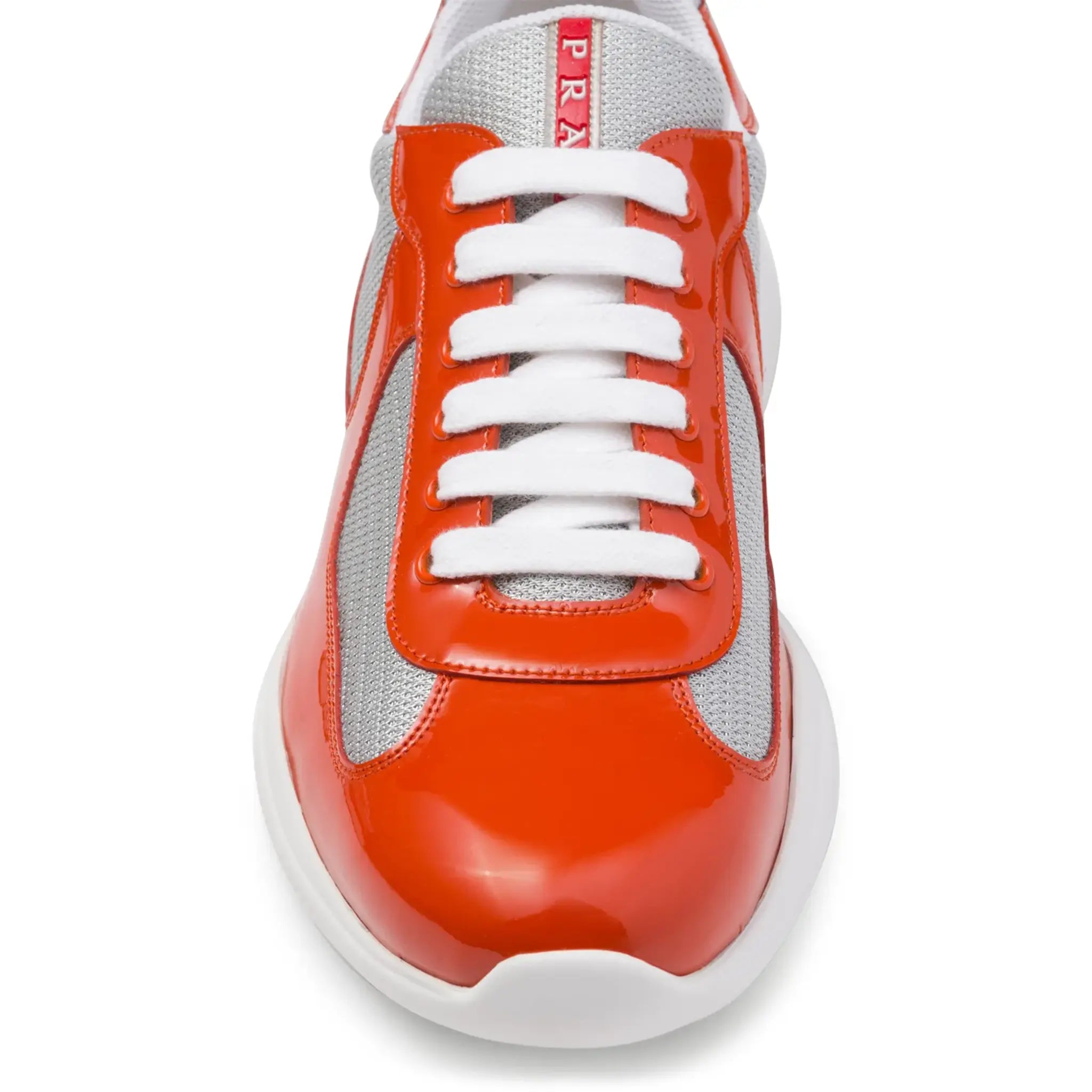 Tongue view of Prada Americas Cup Orange Silver Sneaker 4E3400_ASZ_F0Q2O