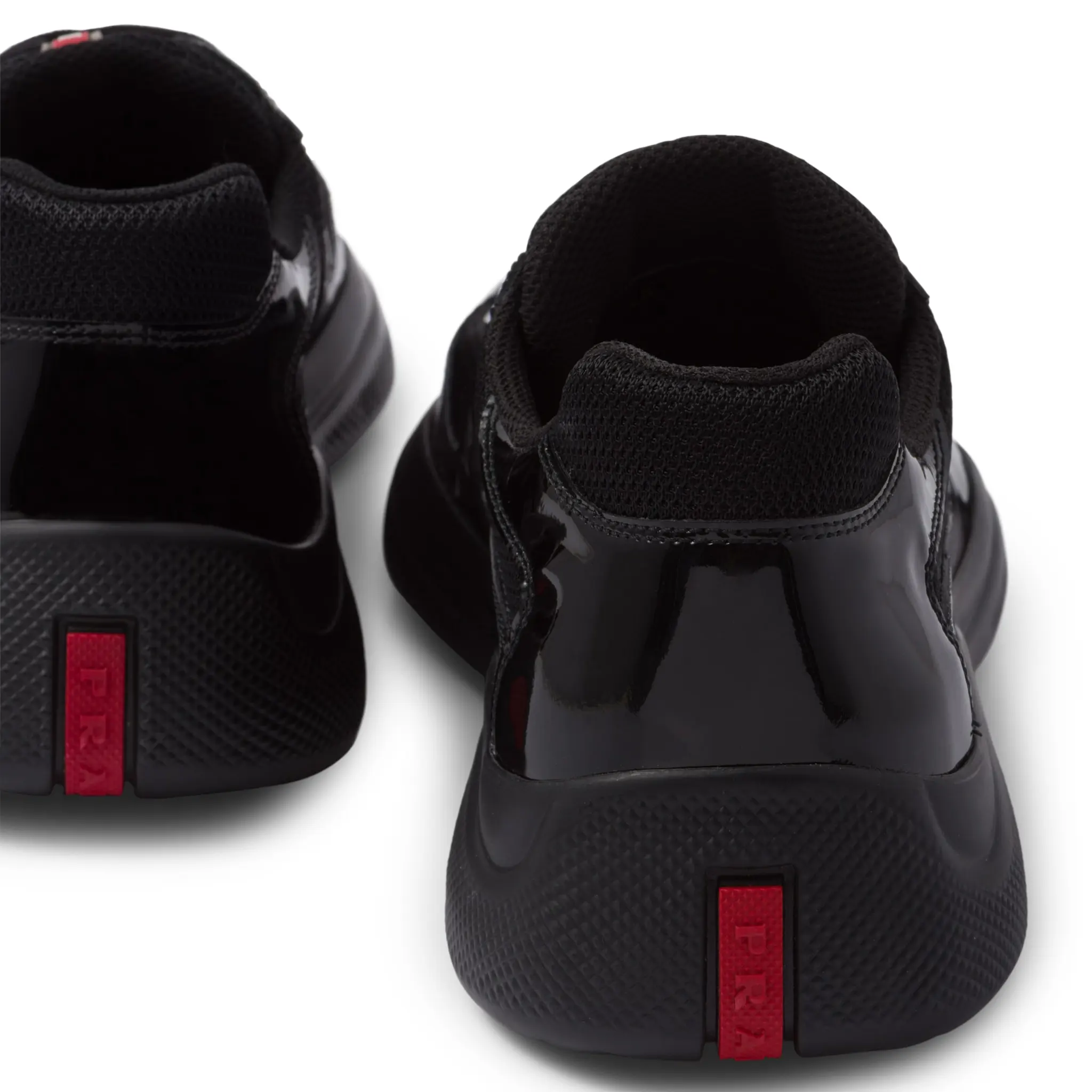 Detailed Back View of Prada Americas Cup Patent Leather And Technical fabric Black Sneakers 4E3400_ASZ_F0002