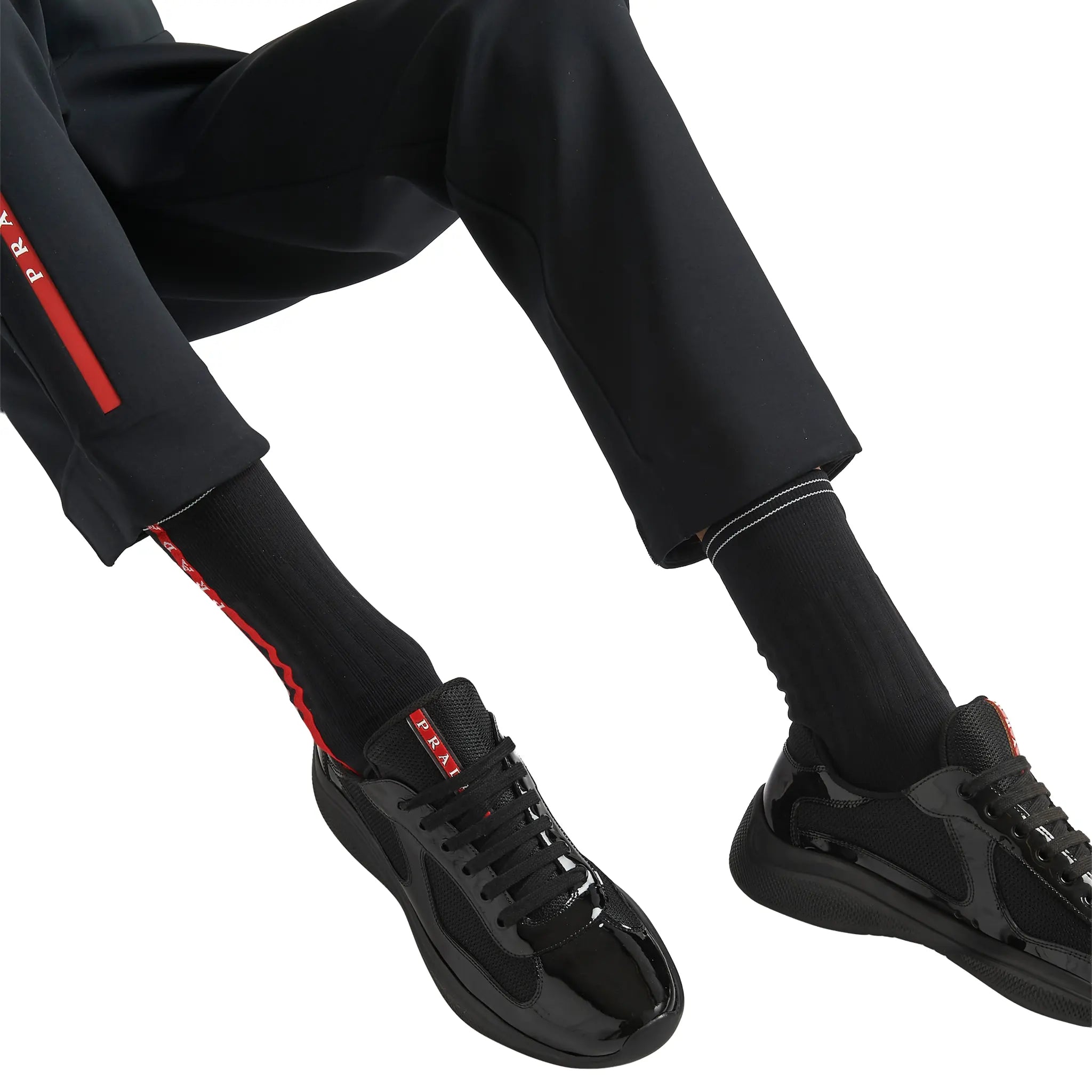Model View of Prada Americas Cup Patent Leather And Technical fabric Black Sneakers 4E3400_ASZ_F0002