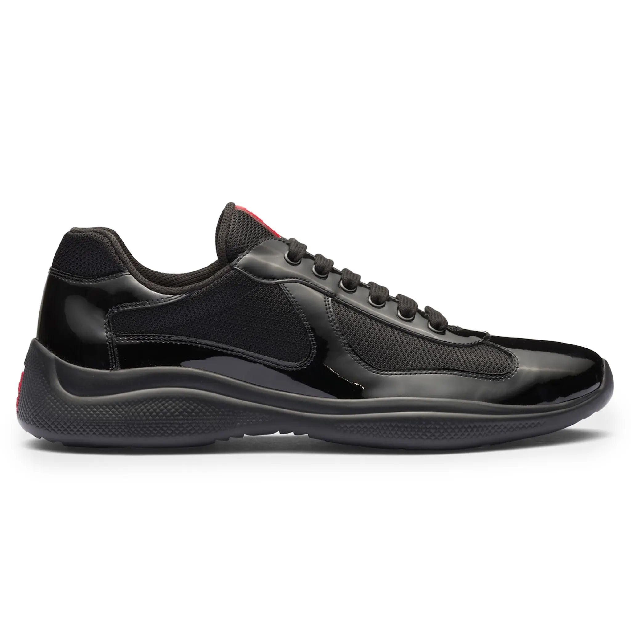 Side View of Prada Americas Cup Patent Leather And Technical fabric Black Sneakers 4E3400_ASZ_F0002
