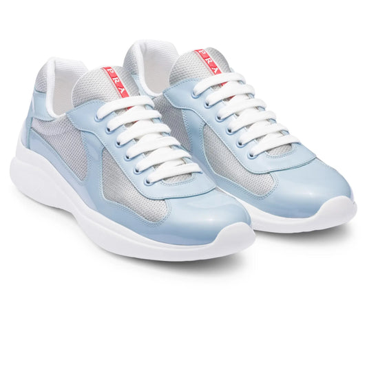 Prada Americas Cup Patent Leather and Technical Fabric Silver Celeste Sneakers