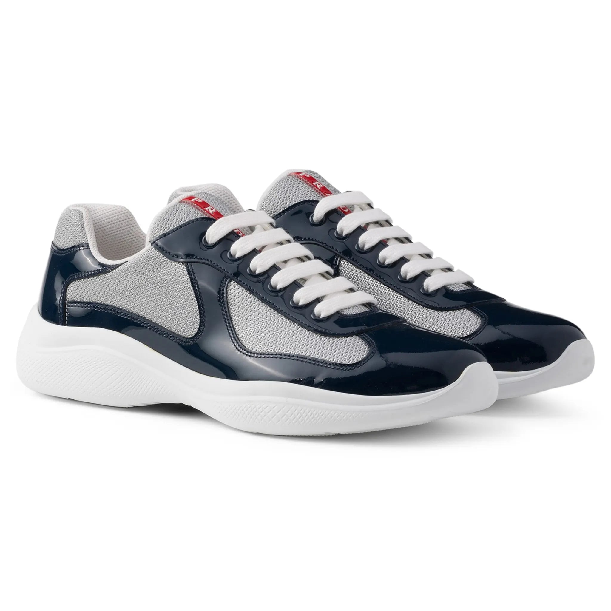 Front side view of Prada Americas Cup Royal Blue Silver Sneaker 4E3400_ASZ_F0FJT